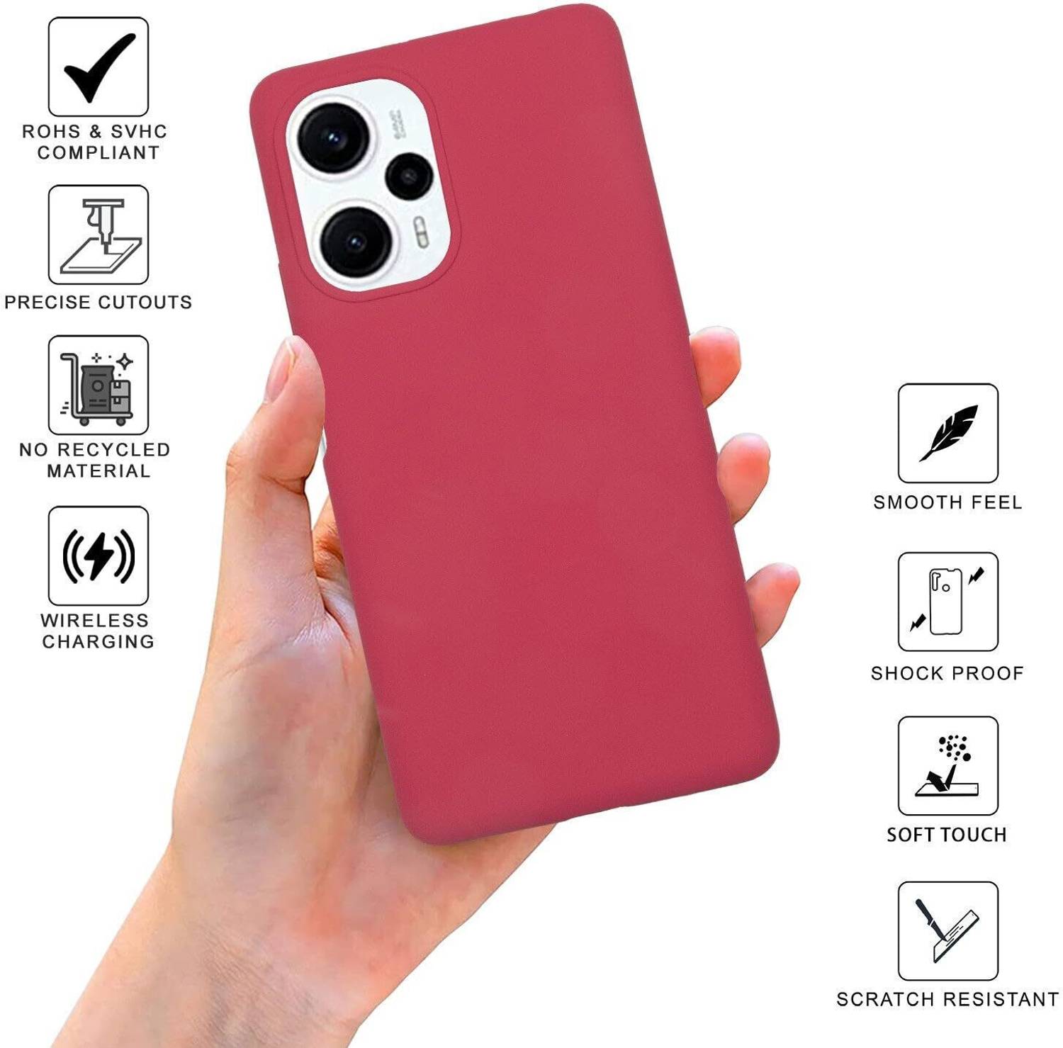 Sprig Liquid Silicone Back Cover for Poco F5 5G (Rose Red) - Image 2