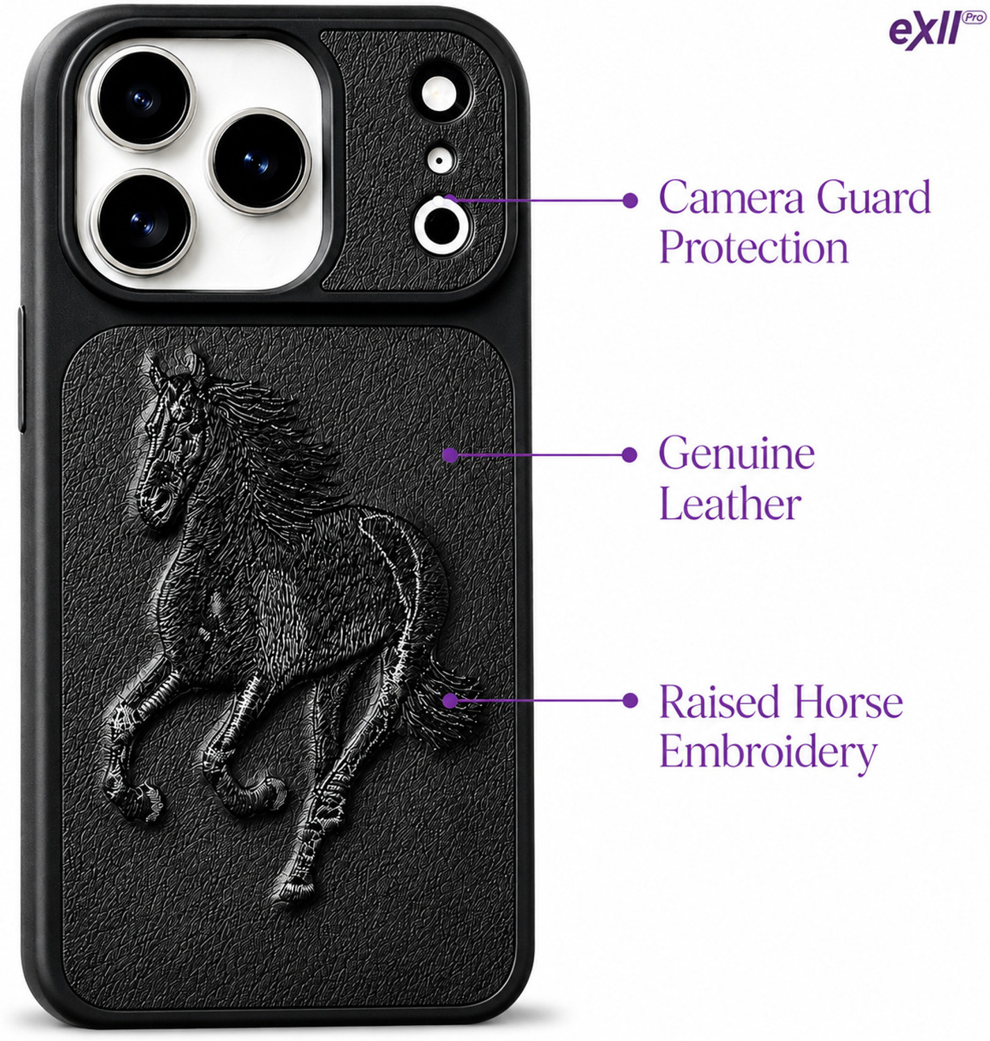 Image of Exllpro Back Cover for iPhone 17 Pro max Premium Leather Case with Embroidered Horse Design