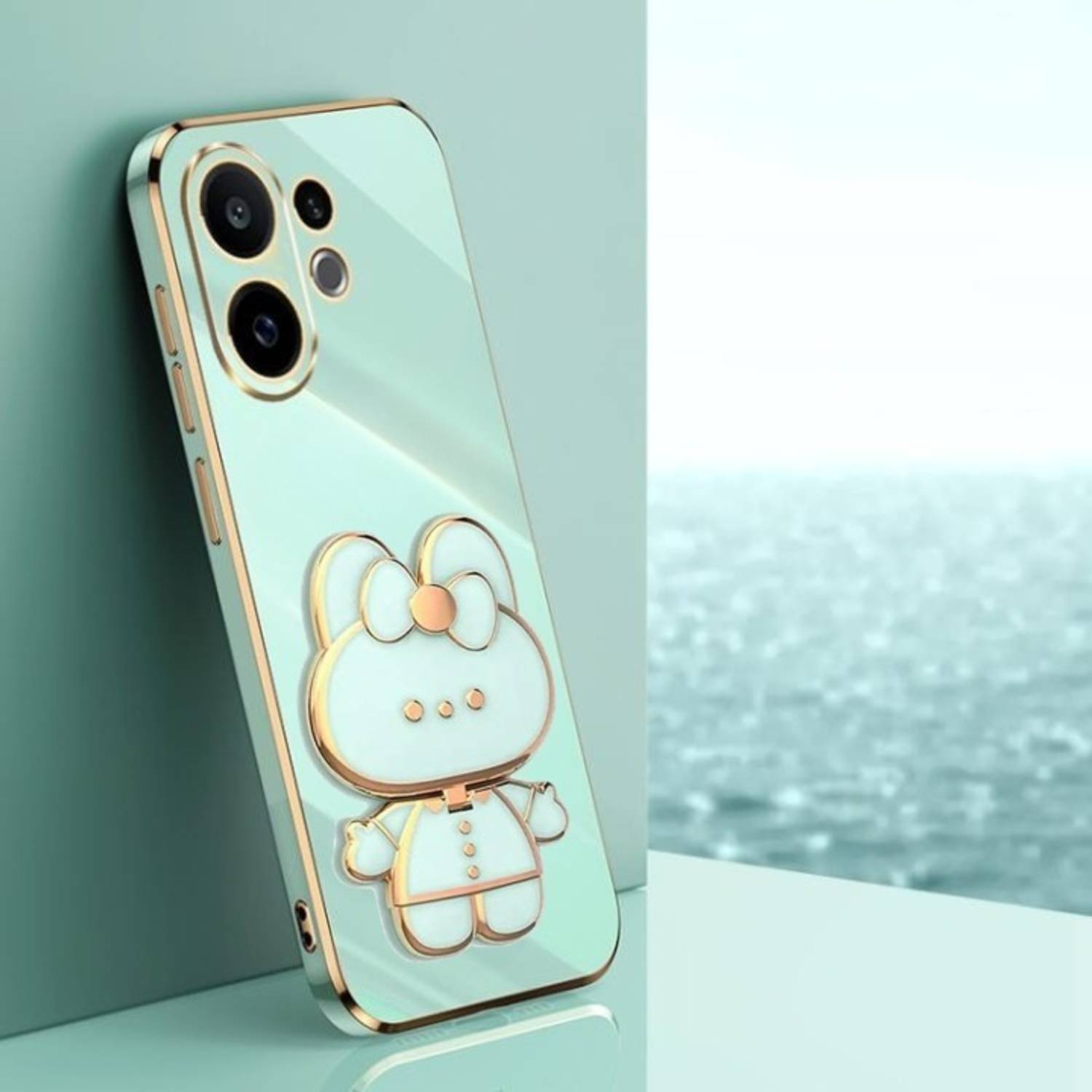 ankSONline Back Cover for Vivo V60 5G, with Cute 3D Cartoon Mirror Folding Mobile Stand Holder