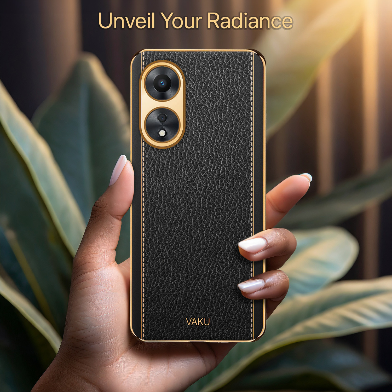 Image of Vaku Luxos Back Cover for Oppo A38, Luxemberg Leather Stitched Gold Electroplated Shockproof Protective Case