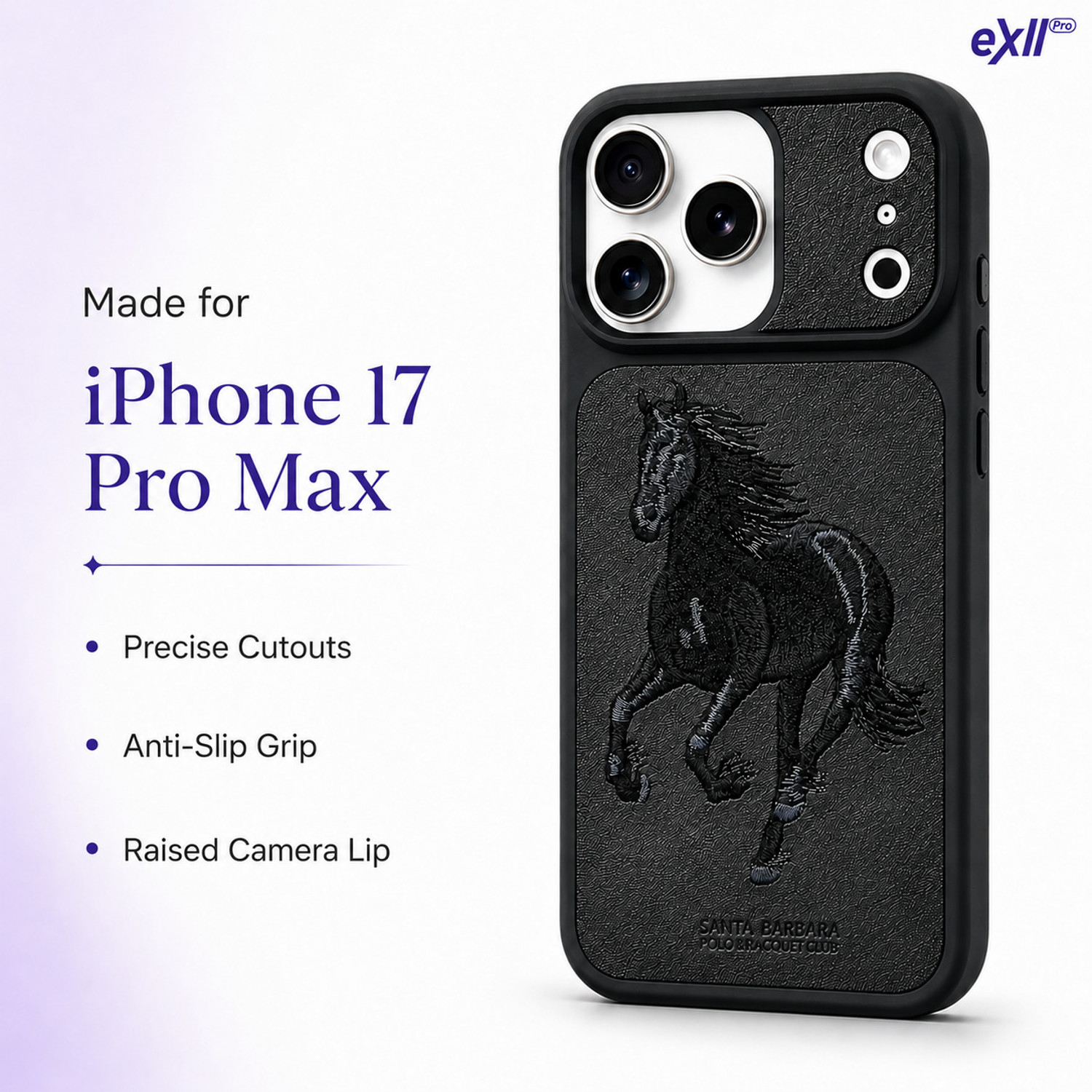 Image of Exllpro Back Cover for iPhone 17 Pro max Premium Leather Case with Embroidered Horse Design