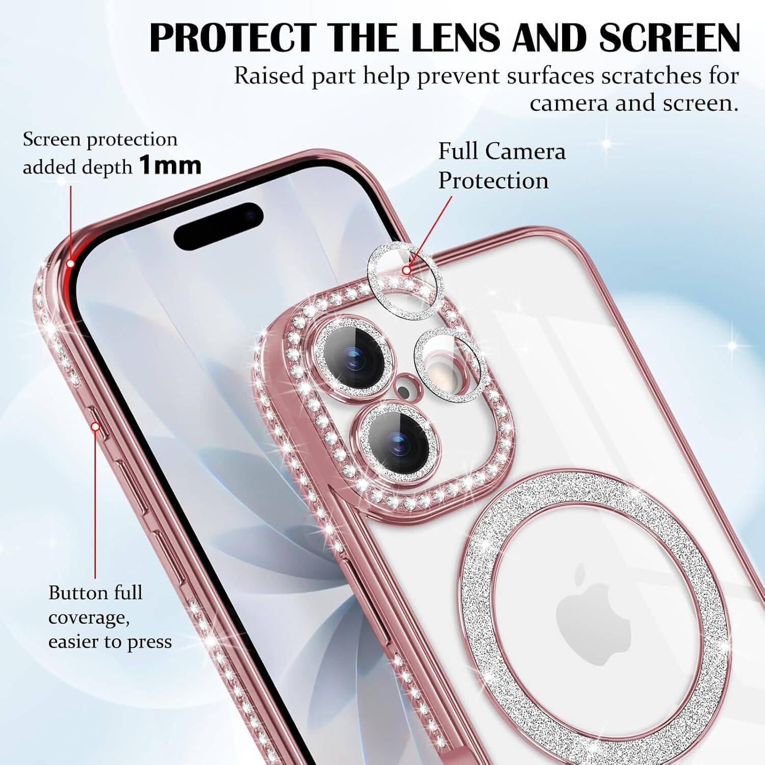 Clear Glitter Case For IPhone 15, Luxury Bling Sparkly Diamond Rhinestones Cute Case For Women