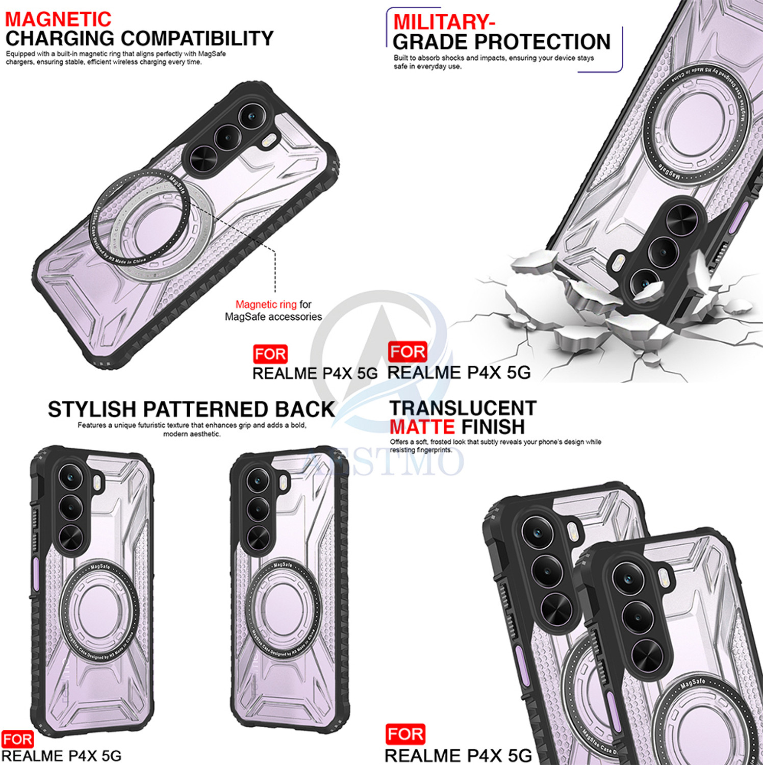 Image of AESTMO Back Cover for Realme P4X 5G (Black, Hard Case, Polycarbonate, Thermoplastic Polyurethane, Pack of: 1)