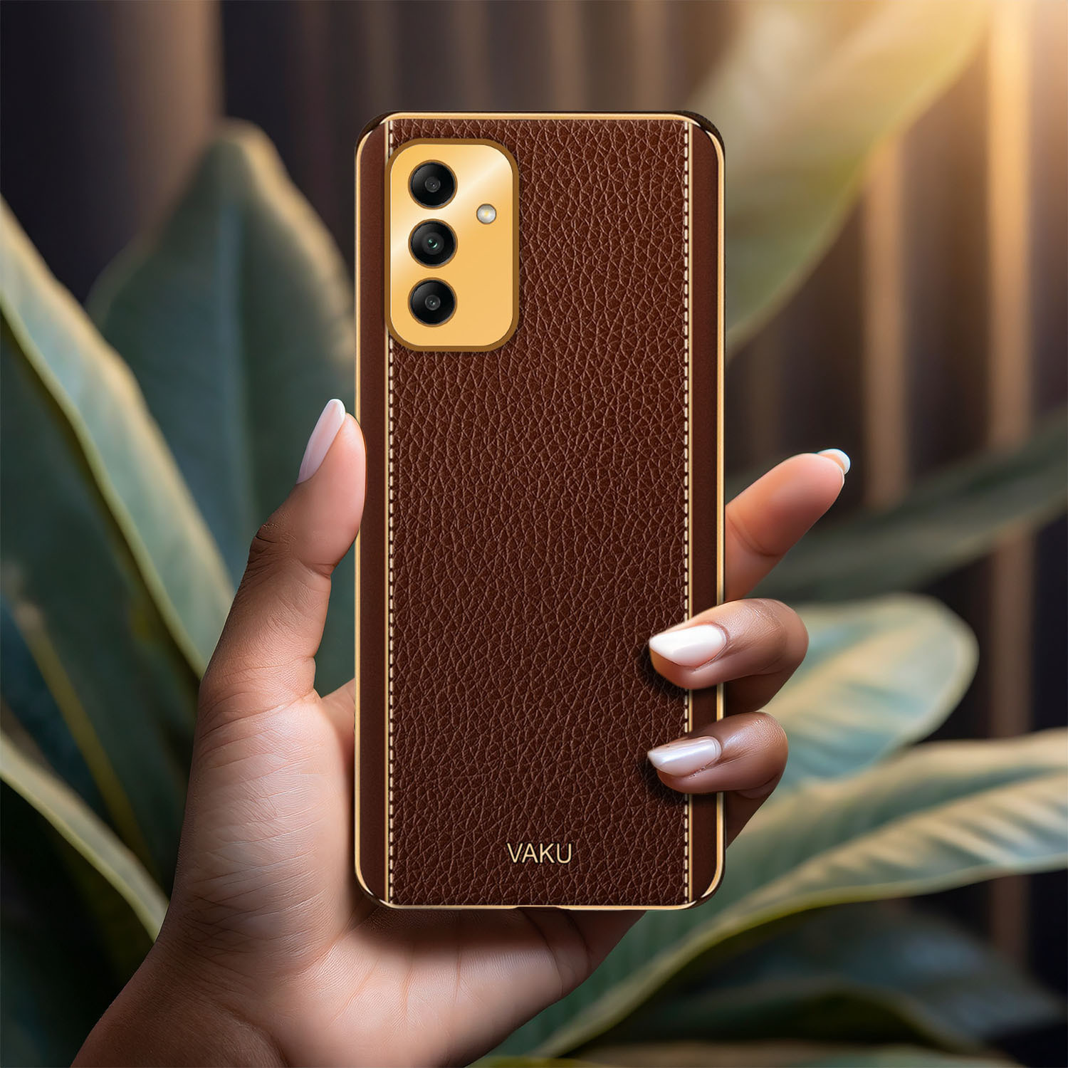 Image of Vaku Luxos Back Cover for Samsung Galaxy F13, Luxemberg Leather Stitched Gold Electroplated Design Soft TPU Case