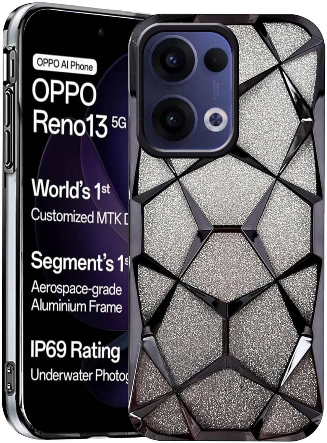 AMEYAA Back Cover for Oppo Reno 13 5G Luxury Electroplated Geometric 3D Cube Diamond Bling Shiny Soft Cover