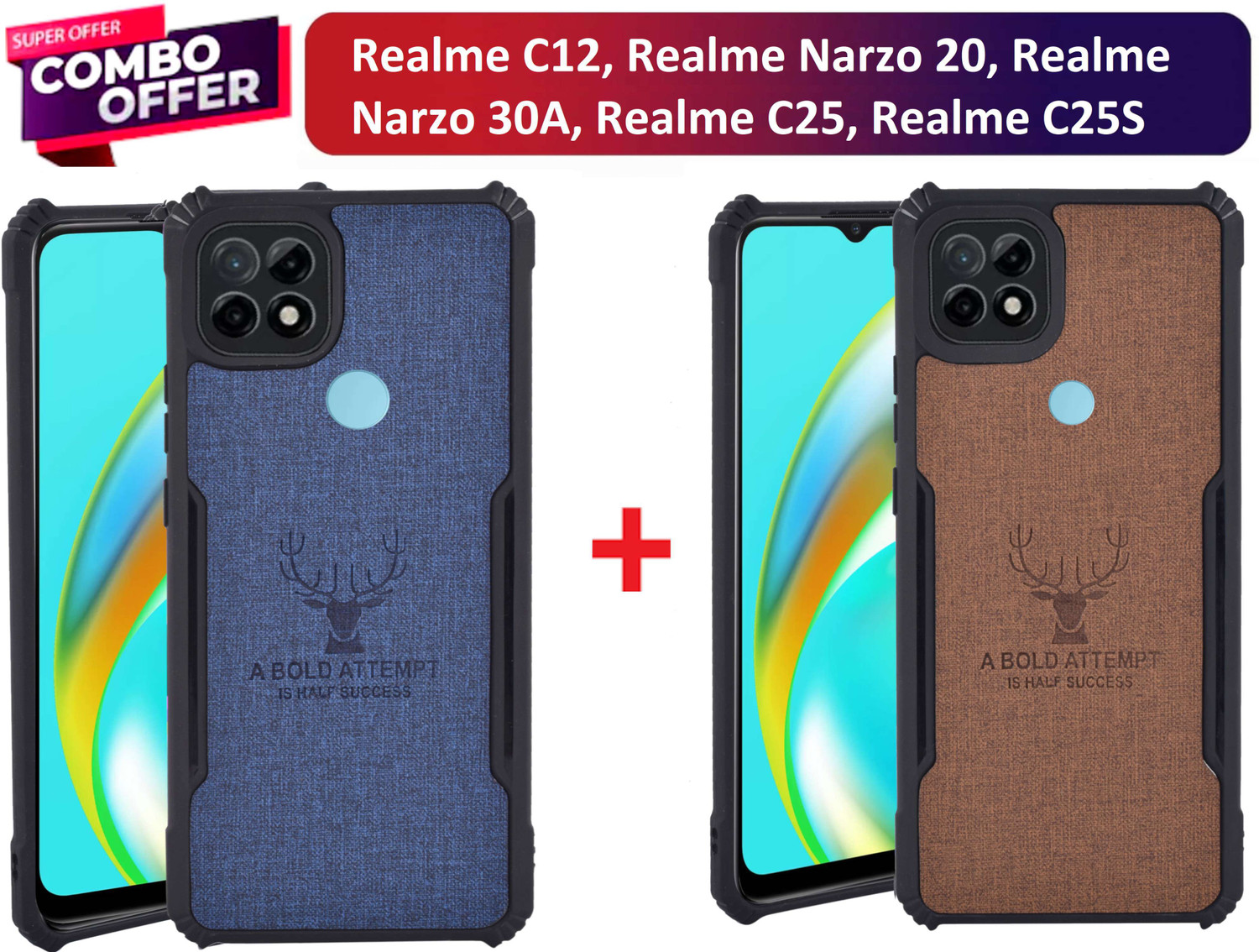 Image of Spicesun Back Cover for Realme C12, Realme Narzo 20, Realme Narzo 30A, Realme C25, Realme C25S / Vegan PU Leather (Blue, Shock Proof, Artificial Leather, Rubber, Pack of: 2)