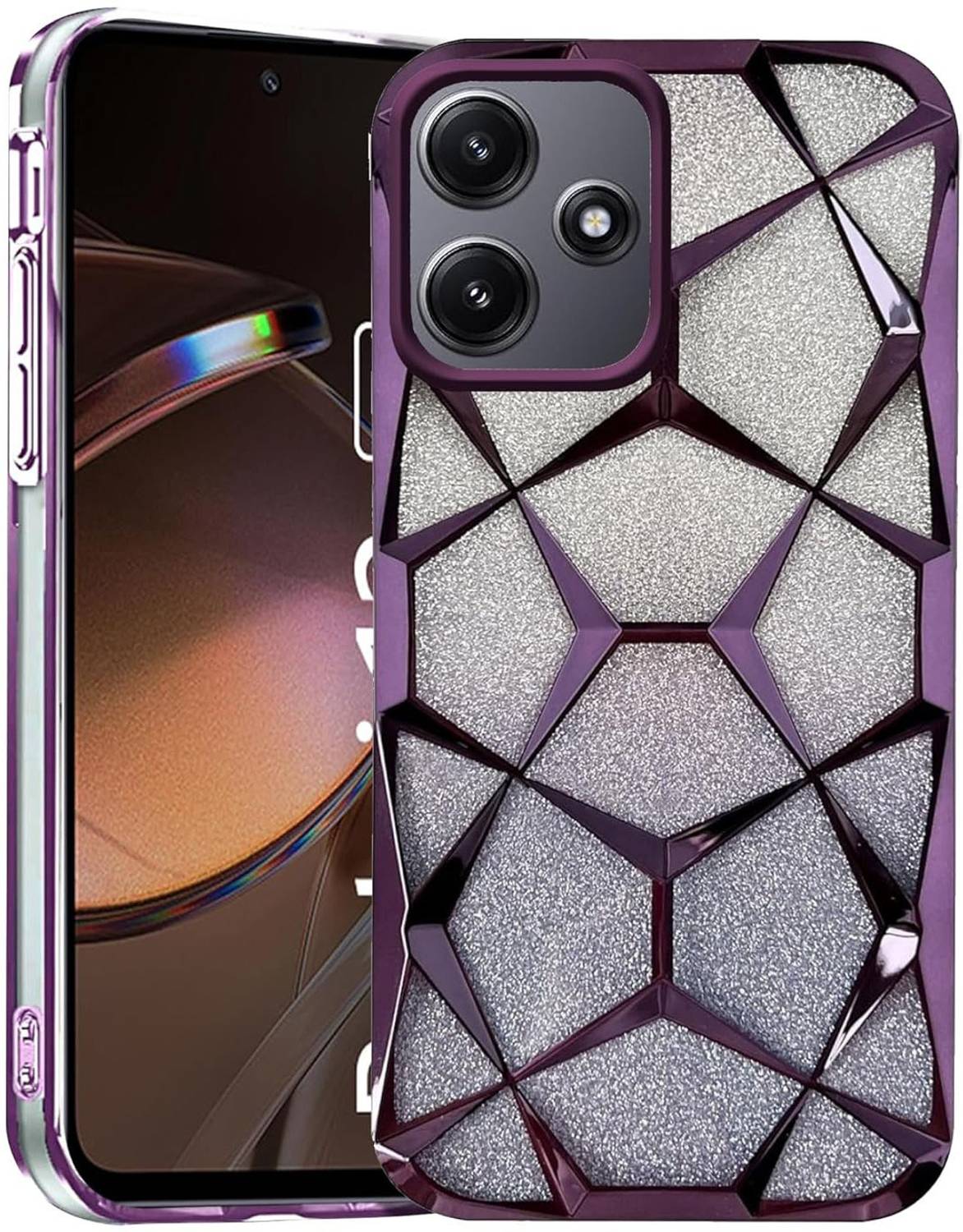 AMEYAA Back Cover for Redmi 12 5G Luxury Electroplated Geometric 3D Cube Diamond Bling Shiny Soft Cover
