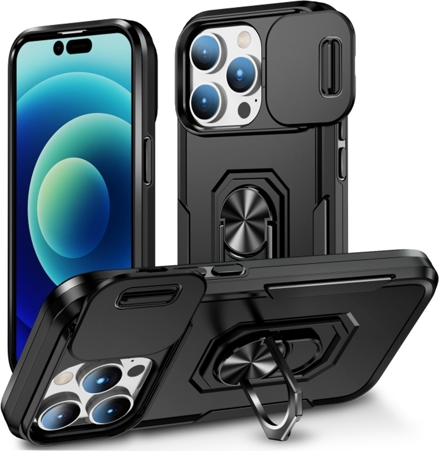 Image of ShieldTech Back Cover for iPhone 15 Pro, with Sliding Camera Shield Cover & Ring Stand Mobile Phone Case