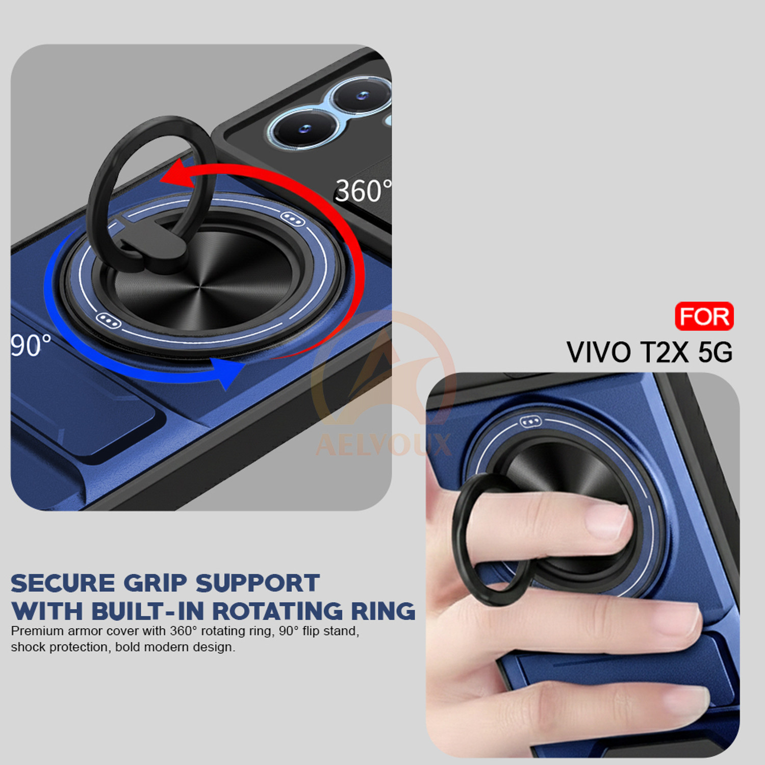 Image of AelVouX Back Cover for Vivo T2X 5G (Blue, Rugged Armor, Polycarbonate, Thermoplastic Polyurethane, Pack of: 1)