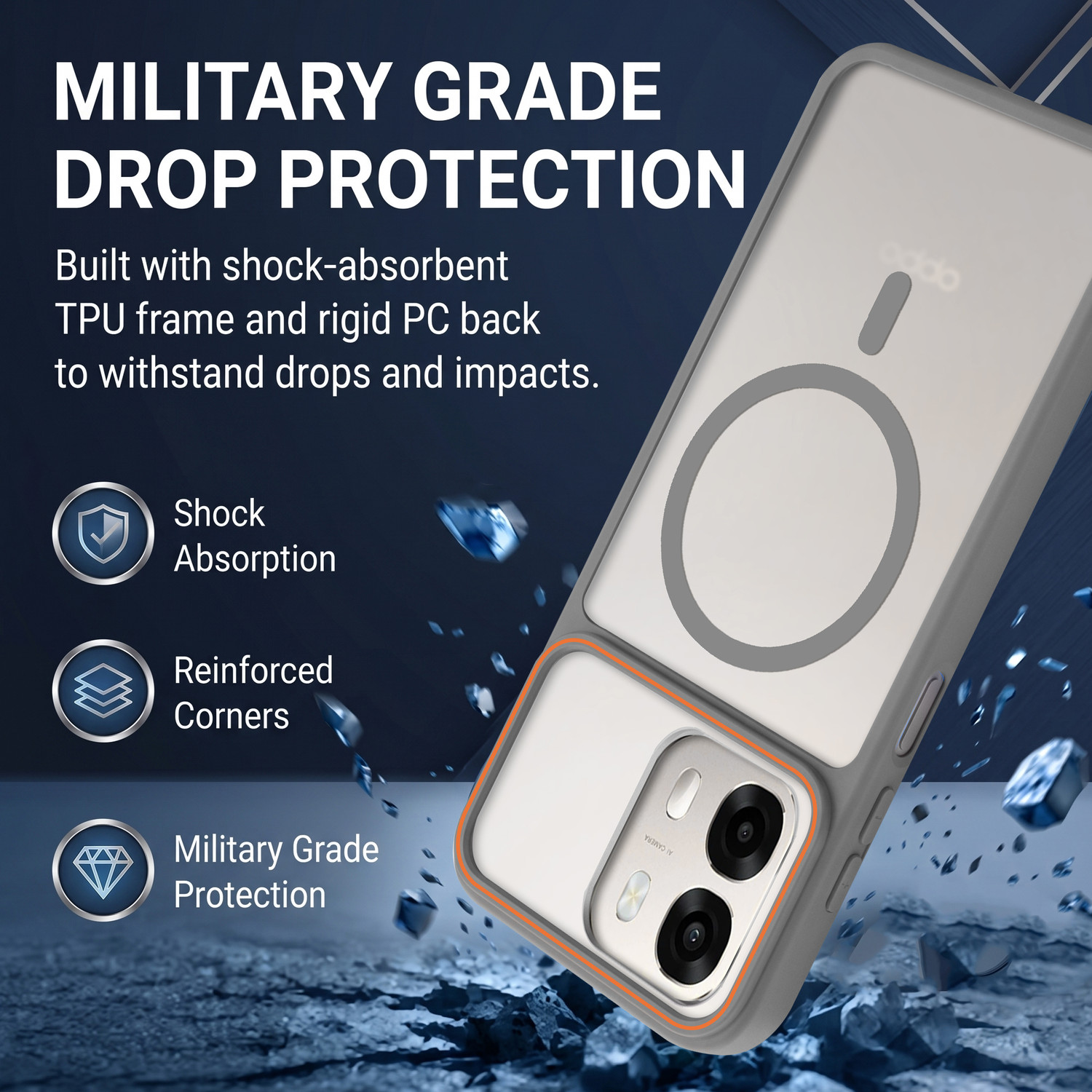 Image of KartV Back Cover for Oppo K14x 5G (Grey, Camera Bump Protector, Silicon, Metal, Polycarbonate, Plastic, Pack of: 1)