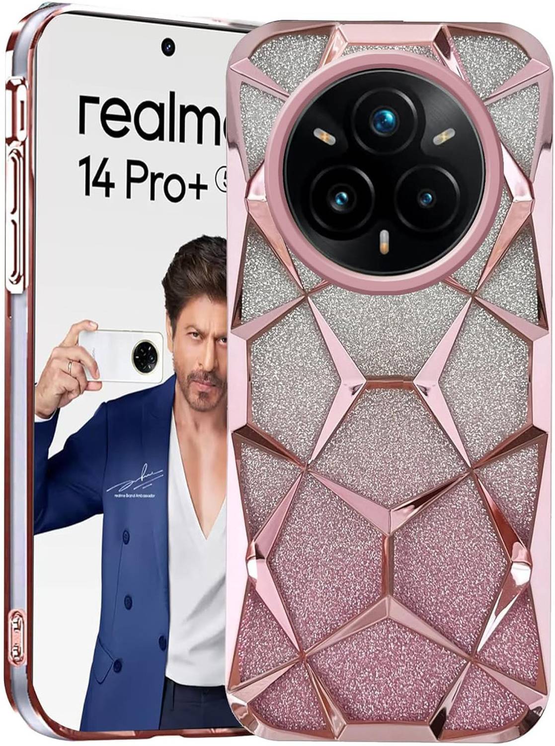 AMEYAA Back Cover for Realme 14 Pro Plus Luxury Electroplated Geometric 3D Cube Diamond Bling Shiny Soft Cover
