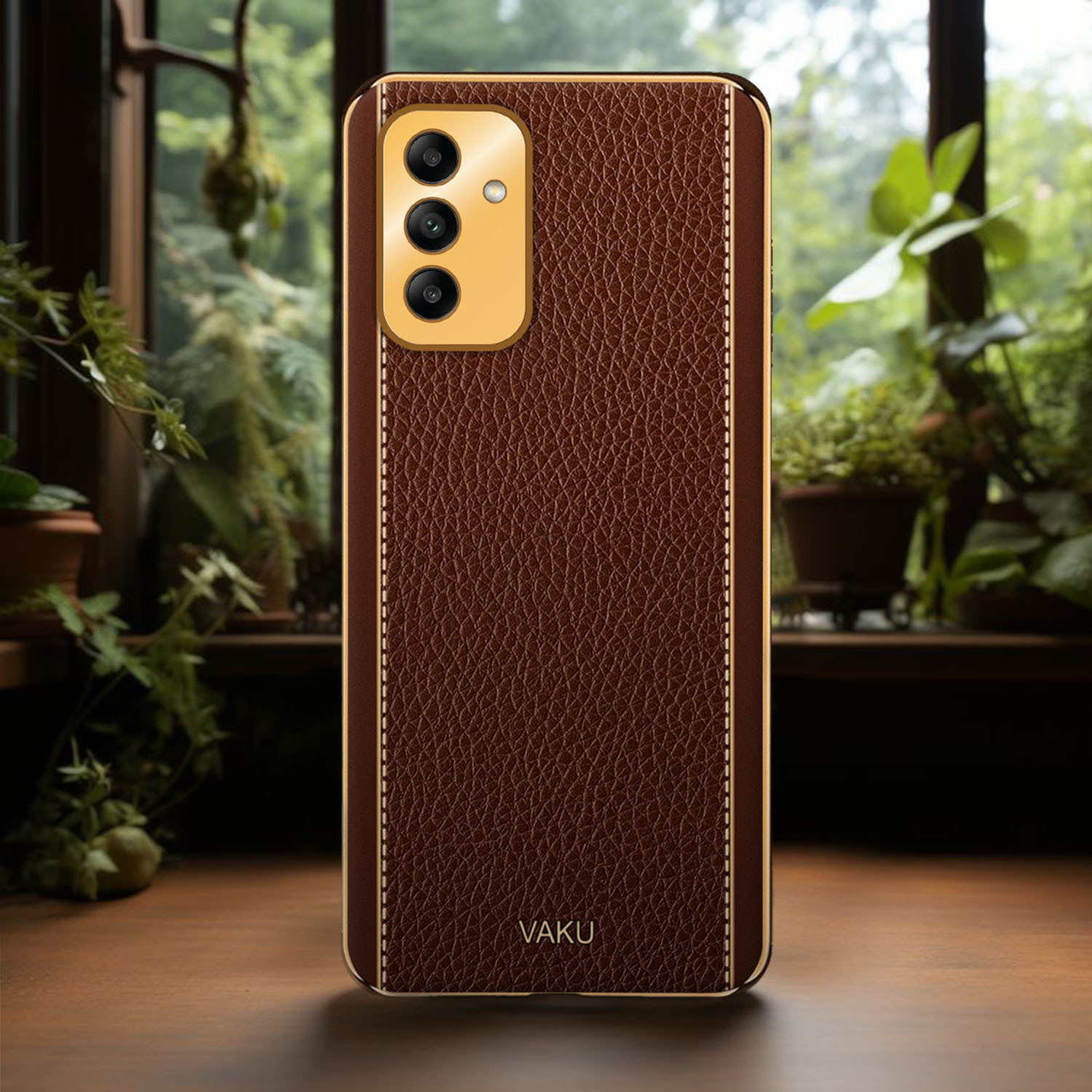 Image of Vaku Luxos Back Cover for Samsung Galaxy F13, Luxemberg Leather Stitched Gold Electroplated Design Soft TPU Case