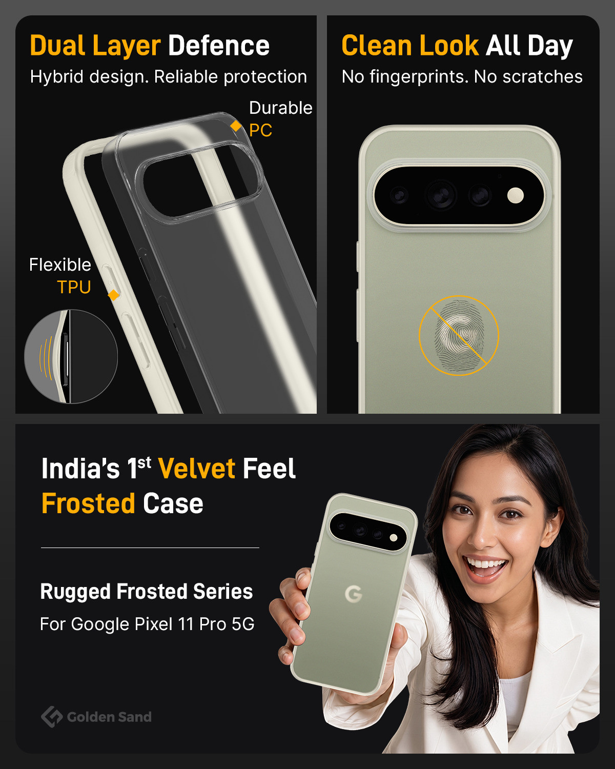 Image of Golden Sand Back Cover for Google Pixel 11 Pro (Beige, Shock Proof, Thermoplastic Polyurethane, Pack of: 1)