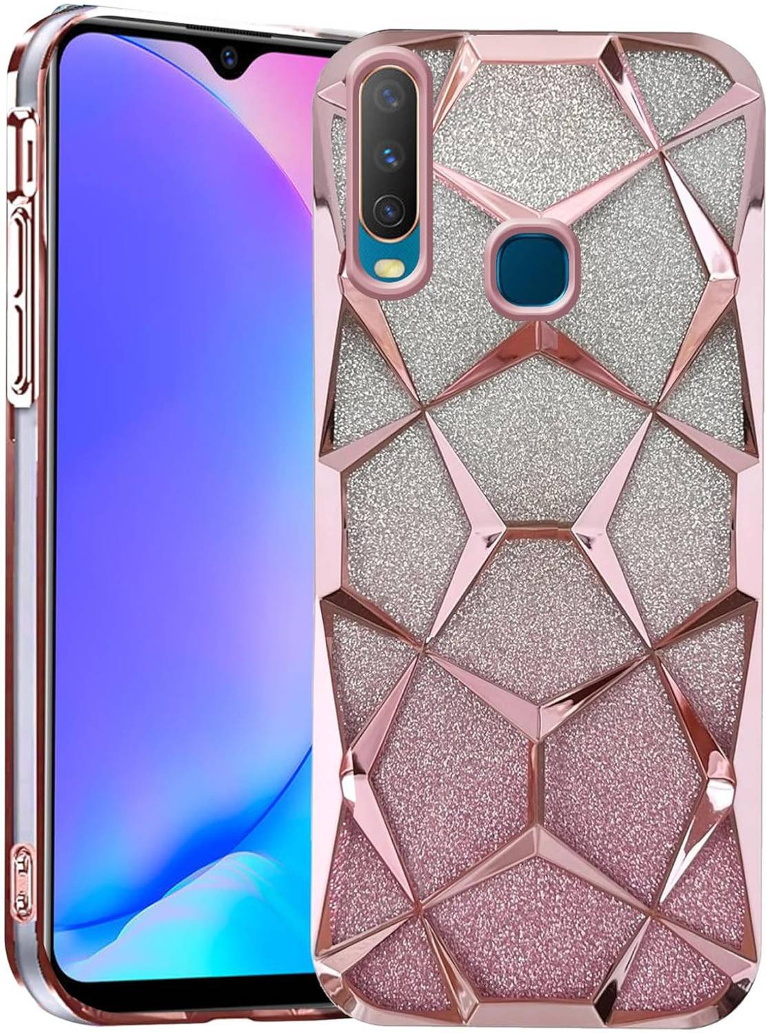AMEYAA Back Cover for Vivo Y12, Vivo Y15, Vivo Y17 Luxury Electroplated Geometric 3D Cube Diamond Bling Shiny