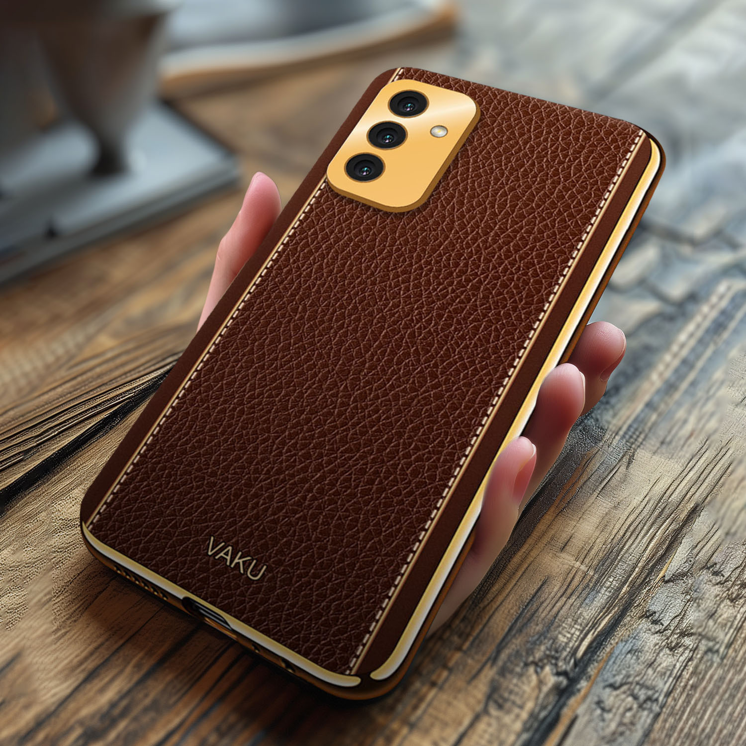 Image of Vaku Luxos Back Cover for Samsung Galaxy F13, Luxemberg Leather Stitched Gold Electroplated Design Soft TPU Case