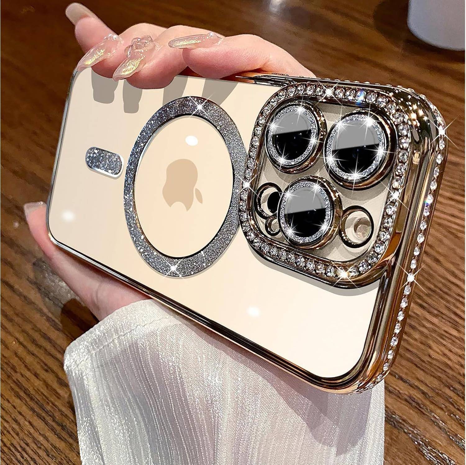 AMEYAA Back Cover for Apple iPhone 13 Pro Max Magsafe Glitter Diamond Camera Protector,Luxury Plated