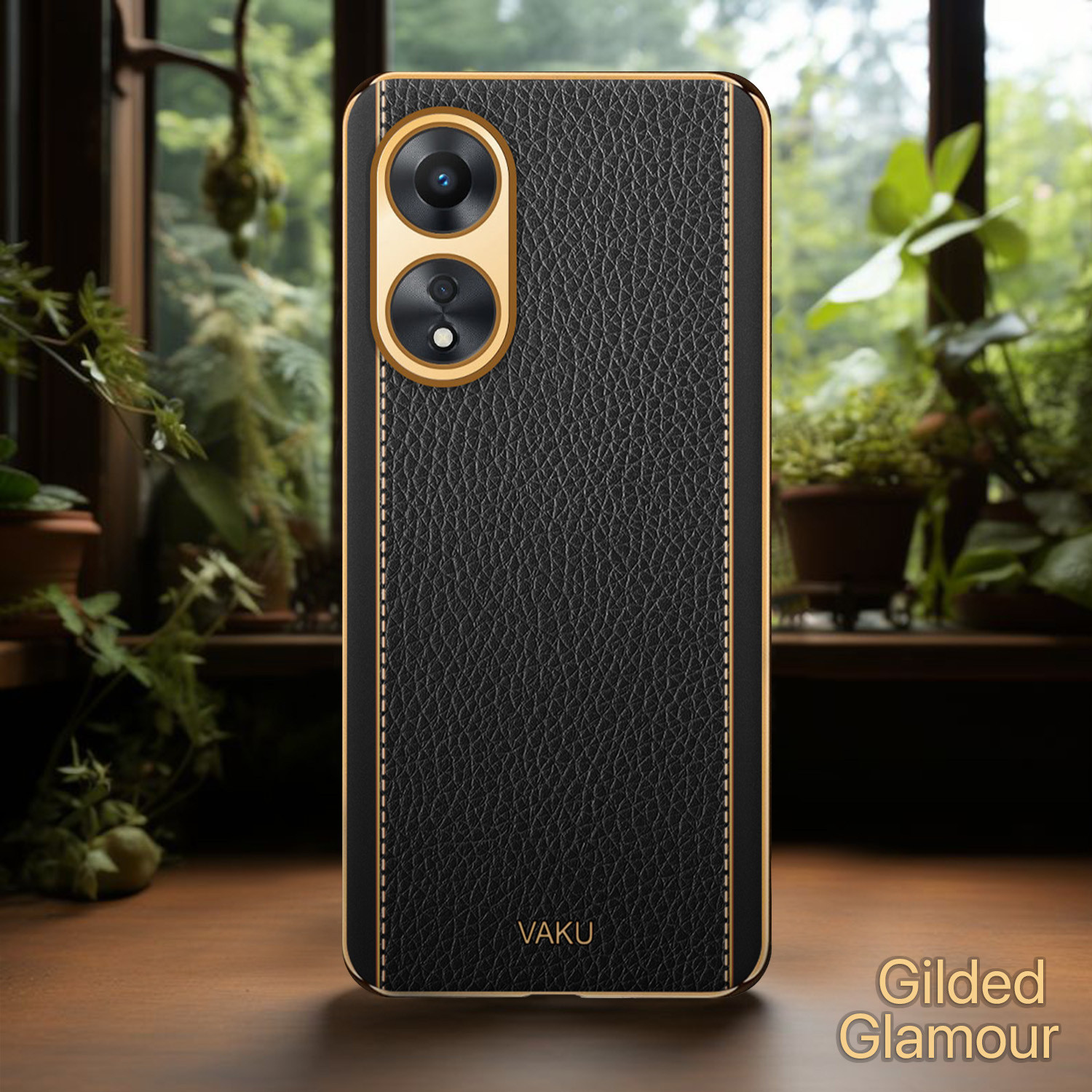 Image of Vaku Luxos Back Cover for Oppo A38, Luxemberg Leather Stitched Gold Electroplated Shockproof Protective Case