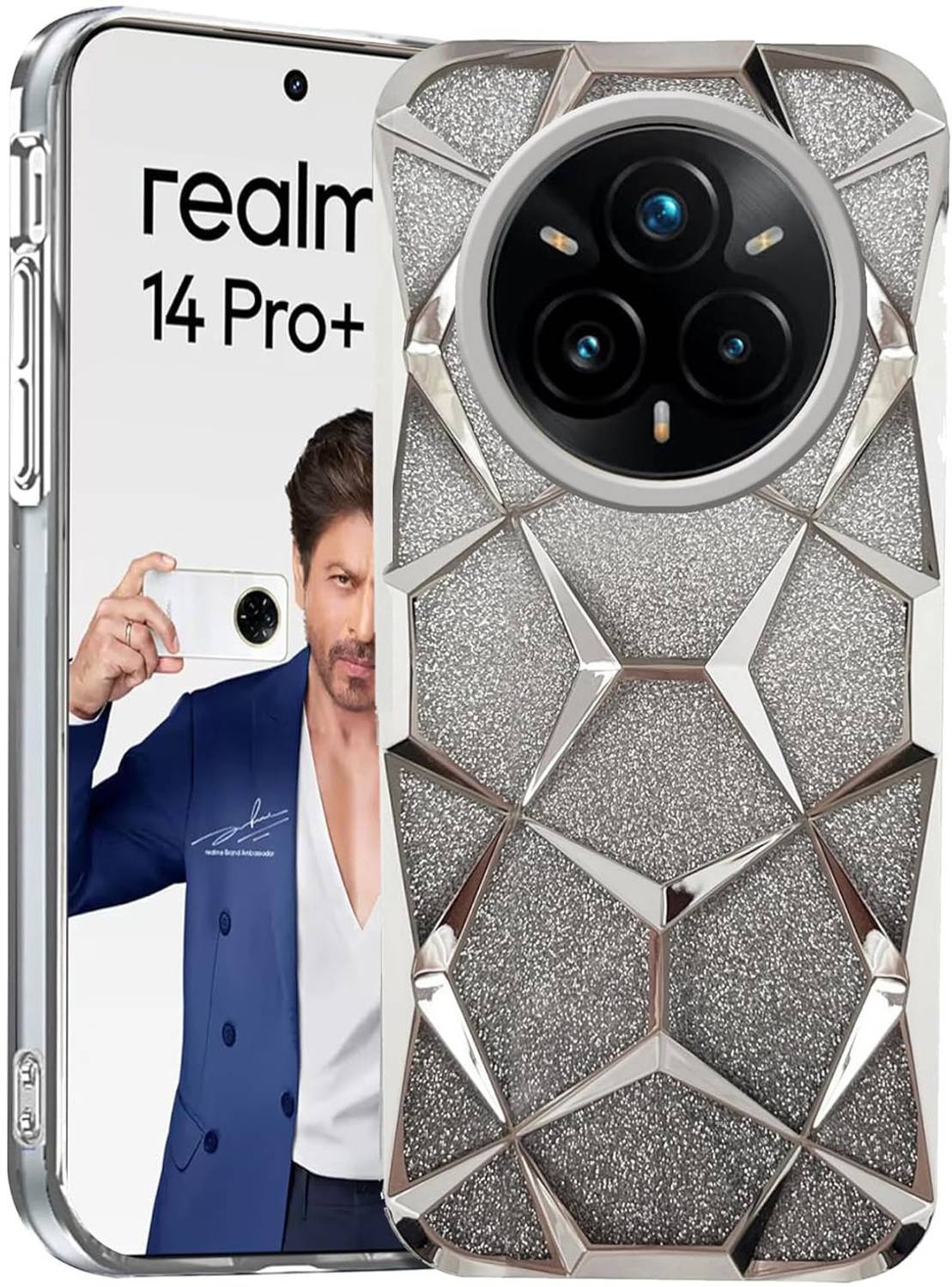 AMEYAA Back Cover for Realme 14 Pro Plus Luxury Electroplated Geometric 3D Cube Diamond Bling Shiny Soft Cover