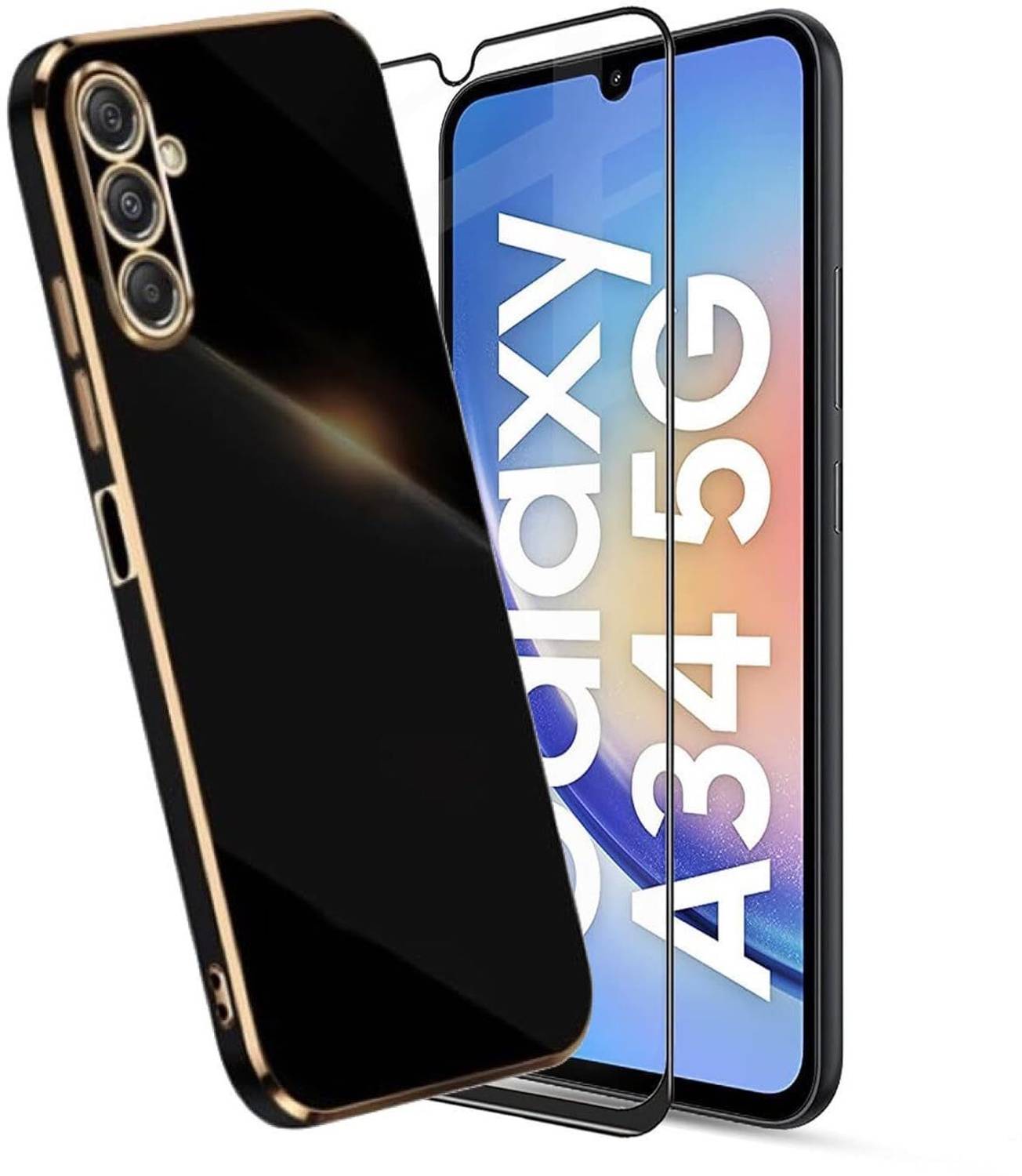 A3sprime Edge To Edge Tempered Glass for Samsung Galaxy A34 5G with 1 Piece Soft TPU Anti-Slip Built-in Camera Protector Back Cover