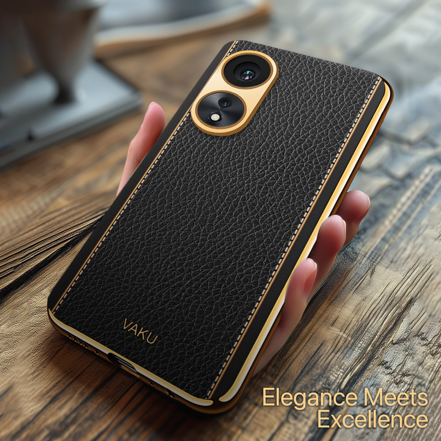 Image of Vaku Luxos Back Cover for Oppo A38, Luxemberg Leather Stitched Gold Electroplated Shockproof Protective Case