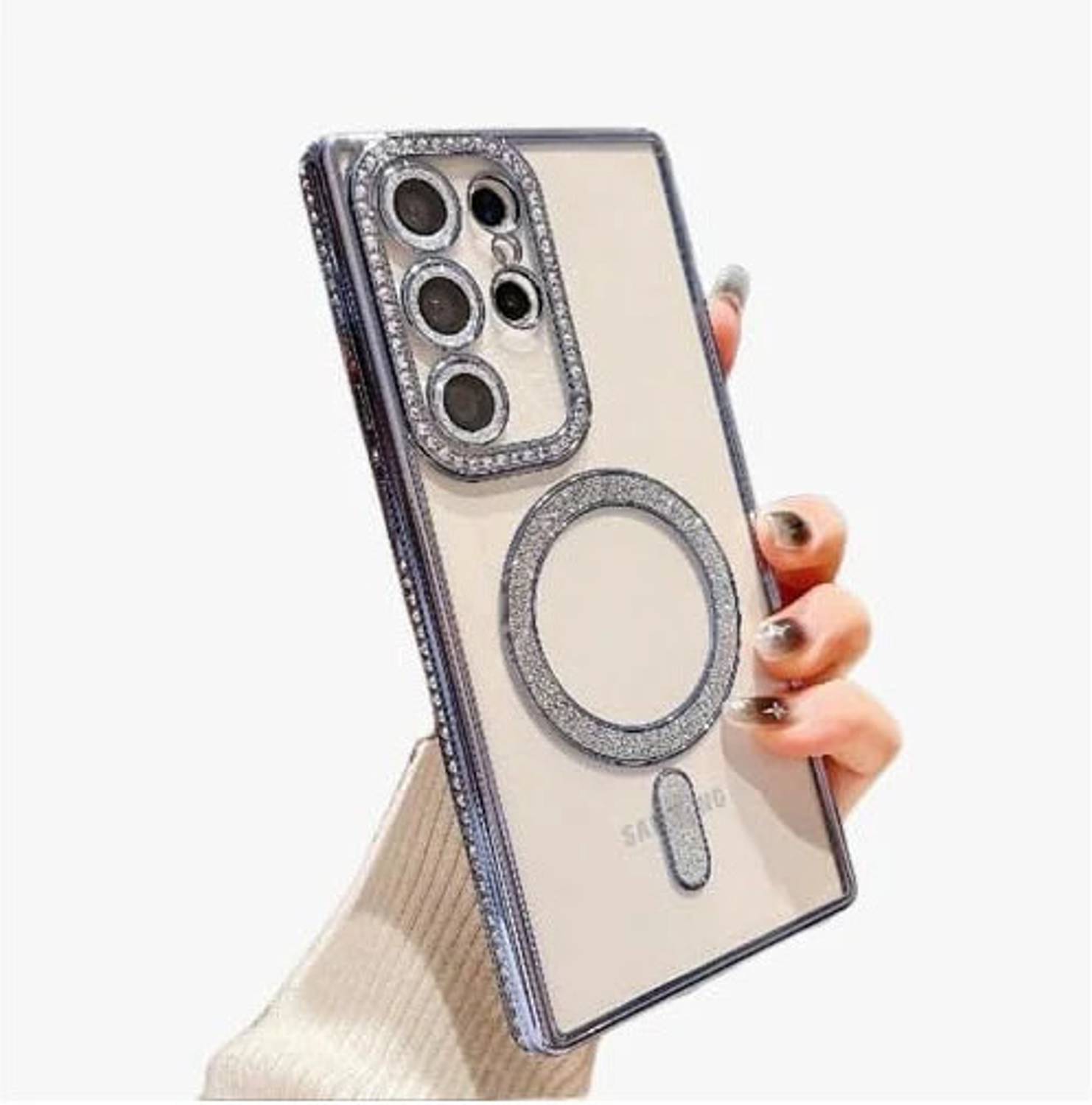 AMEYAA Back Cover for Samsung Galaxy S23 Ultra Magsafe Glitter Diamond Camera Protector,Luxury Plated