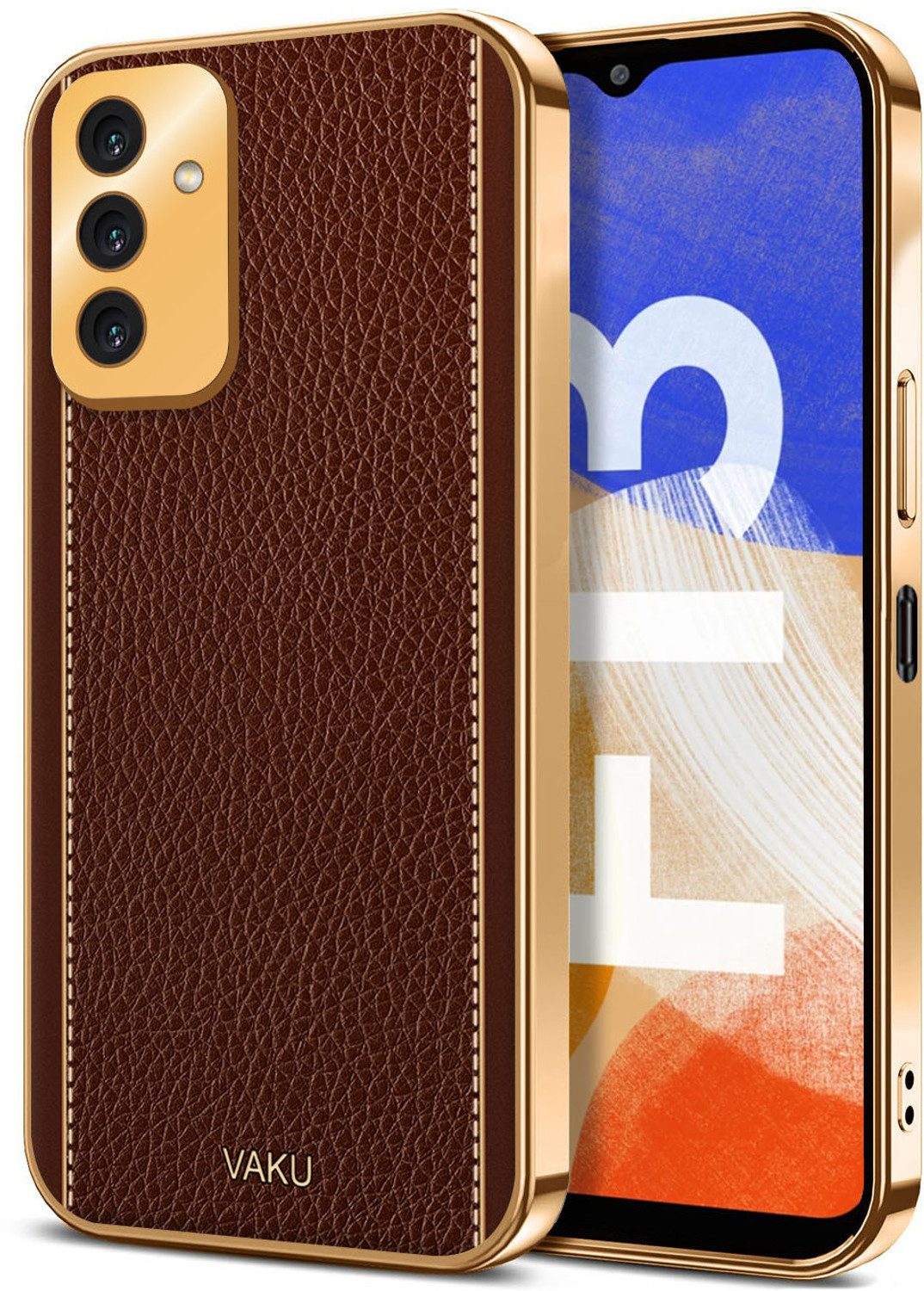 Image of Vaku Luxos Back Cover for Samsung Galaxy F13, Luxemberg Leather Stitched Gold Electroplated Design Soft TPU Case