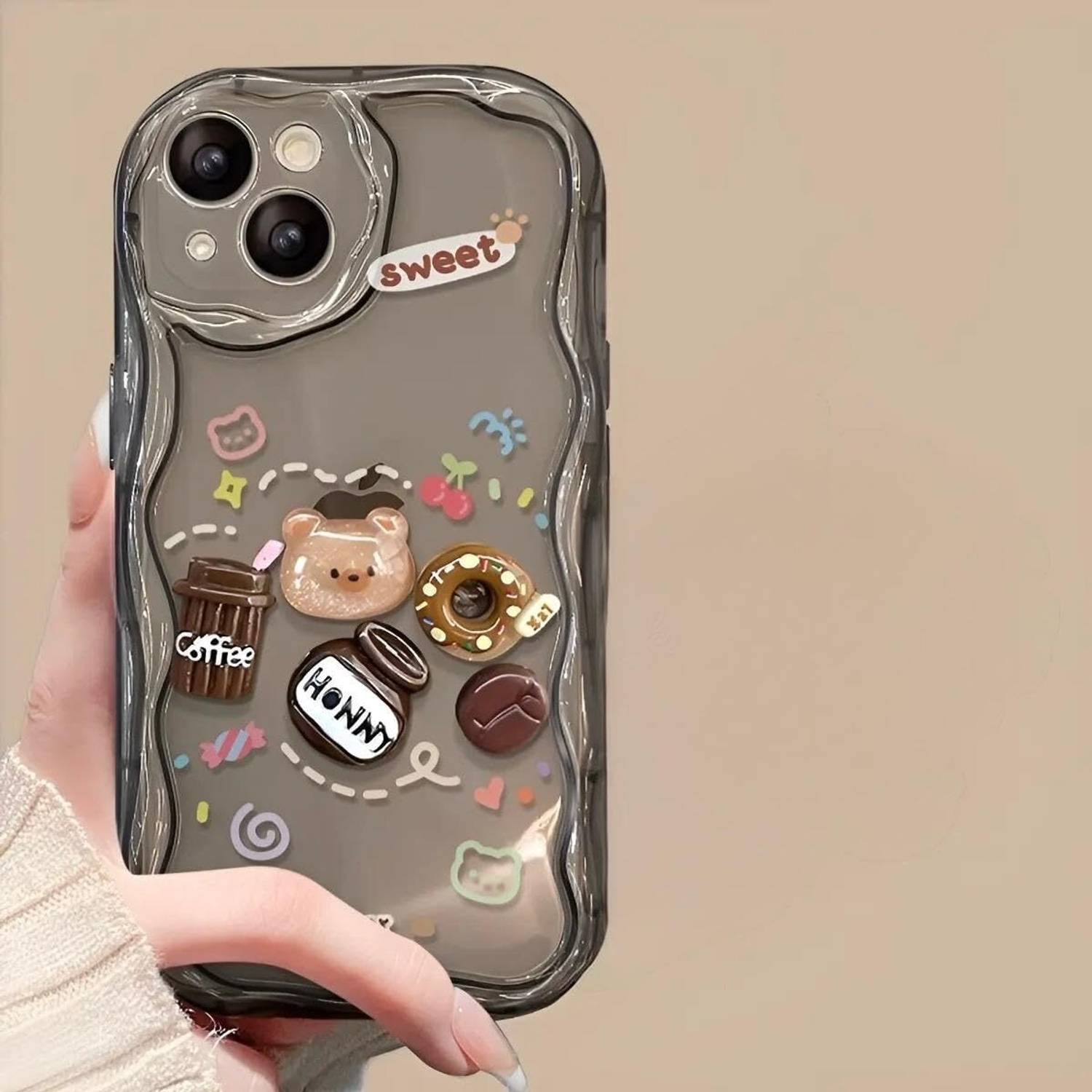 AmericHome Back Cover for Iphone 15 Cartoon Cute Hunny Coffee Bear and Donut