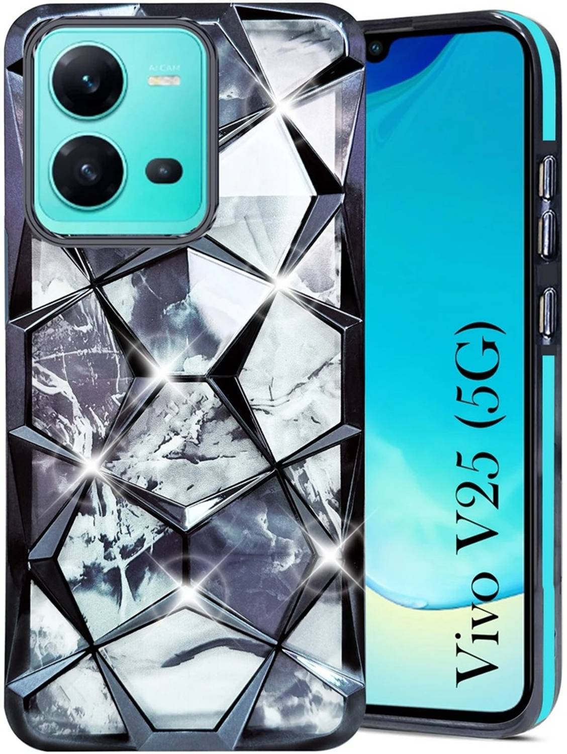 Accesories Legacy Back Cover for Vivo V25 5G (Dual Design Glitter Sparkle and Detachable Diamond Print Case