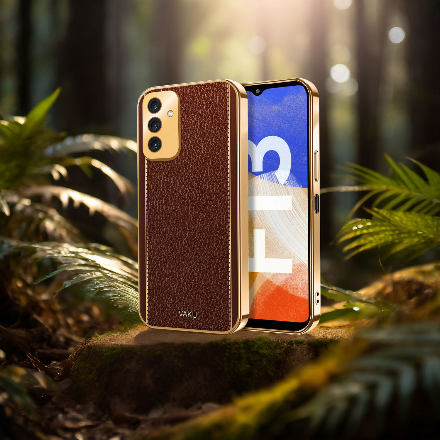 Image of Vaku Luxos Back Cover for Samsung Galaxy F13, Luxemberg Leather Stitched Gold Electroplated Design Soft TPU Case