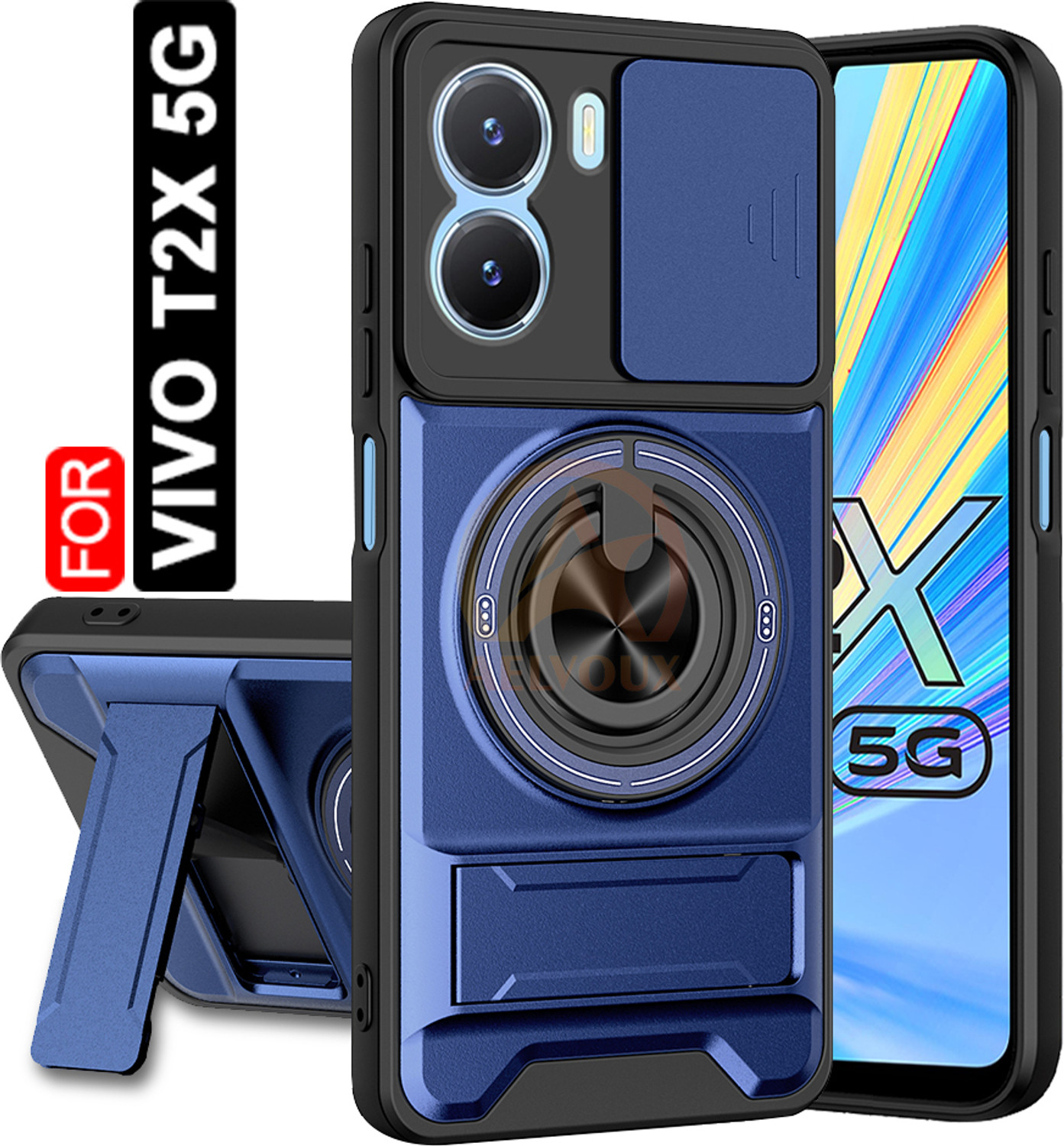 Image of AelVouX Back Cover for Vivo T2X 5G (Blue, Rugged Armor, Polycarbonate, Thermoplastic Polyurethane, Pack of: 1)