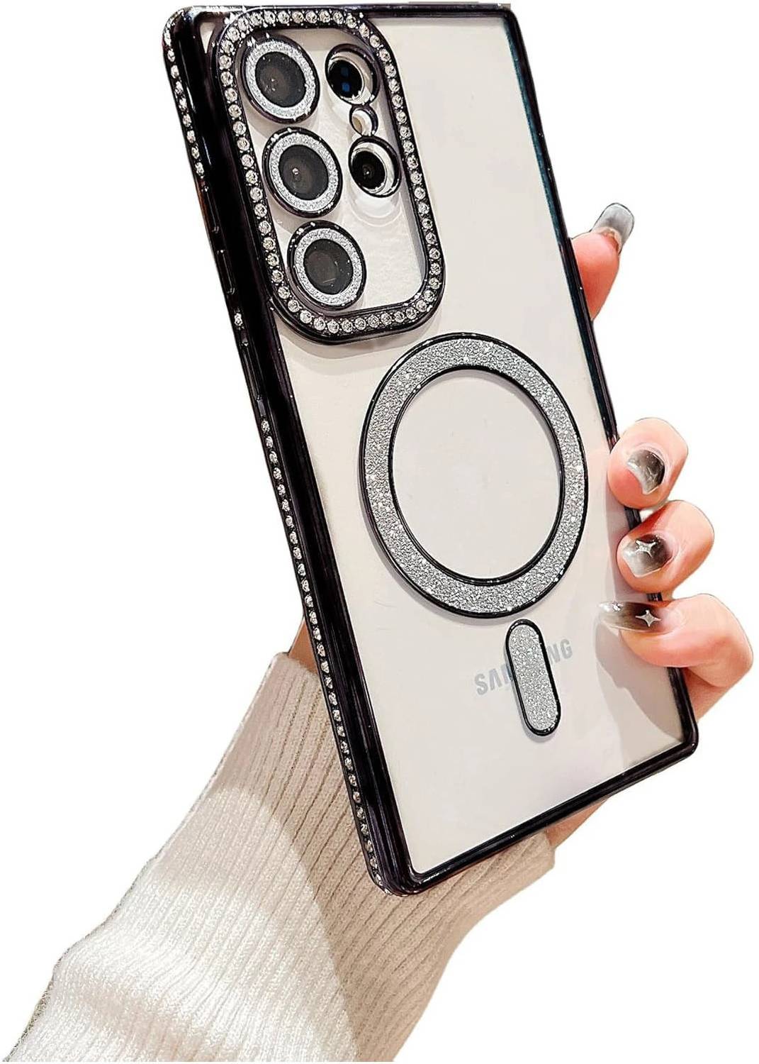 AMEYAA Back Cover for Samsung Galaxy S23 Ultra Magsafe Glitter Diamond Camera Protector,Luxury Plated