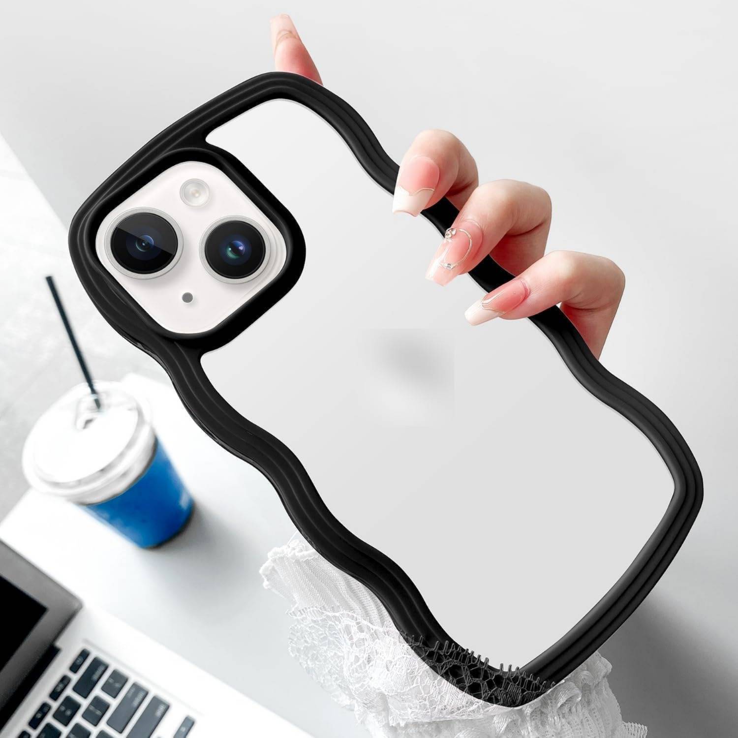 AGRONA Back Cover for iphone 15 plus - Cute Wavy Edge,with Raised Camera Protection & Stylish Aesthetic Design