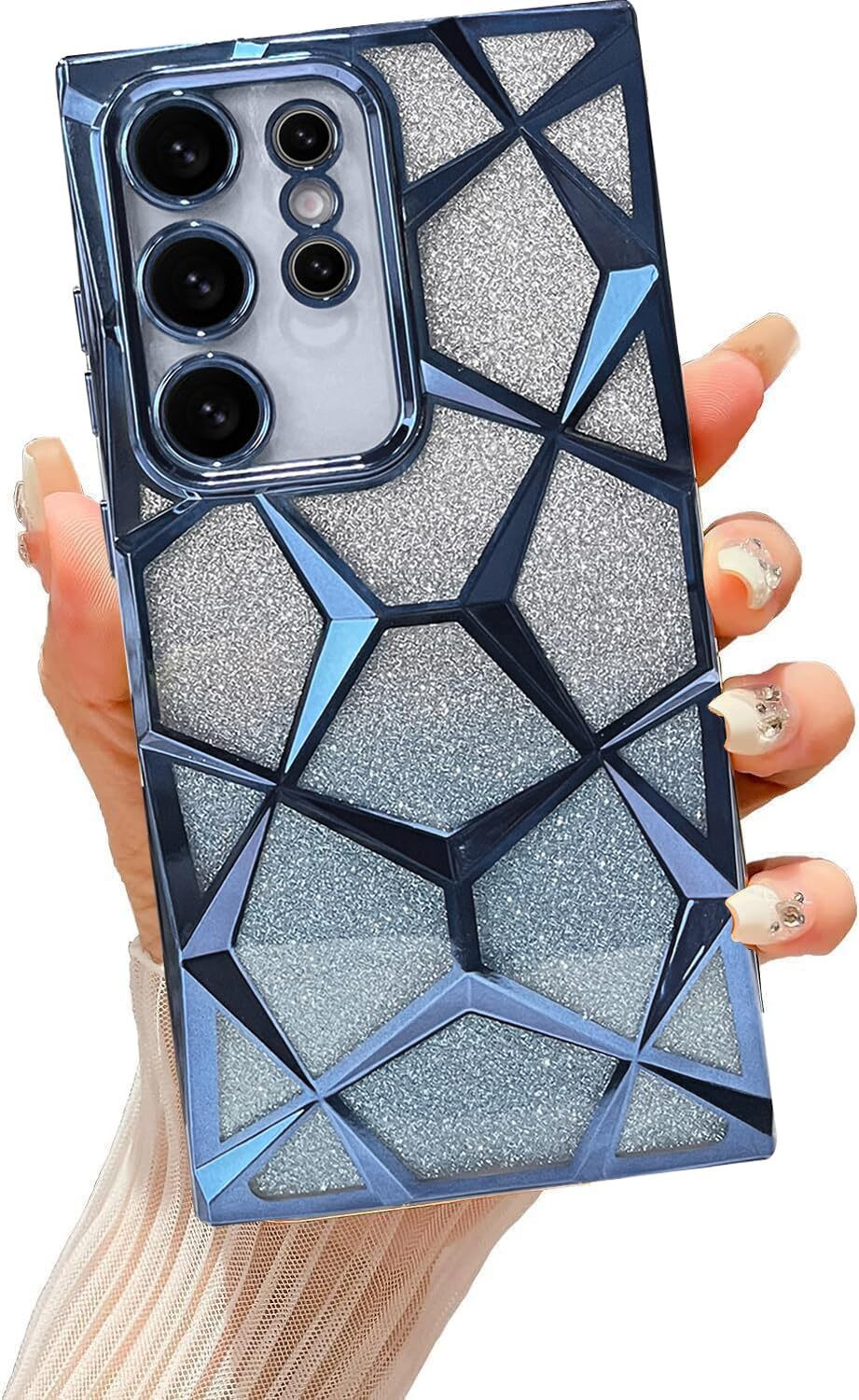 Image of VONZEE Back Cover for Samsung S24 Ultra, Gradient Glitter Luxury Geometric 3D Cube, Diamond Bling Shiny
