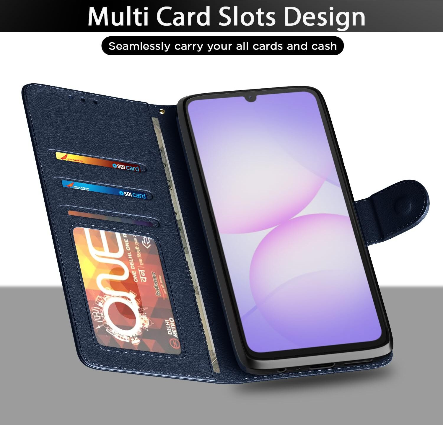 Image of fonfox Flip Cover for Samsung Galaxy F70e 5G | M07 | M17e / F07 | A07 (Blue, Dual Protection, Artificial Leather, Pack of: 1)