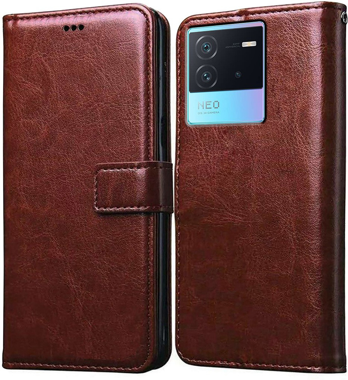 Image of Casotec Flip Cover for iQOO Neo 6 5G (Brown, Leather, Pack of: 1)