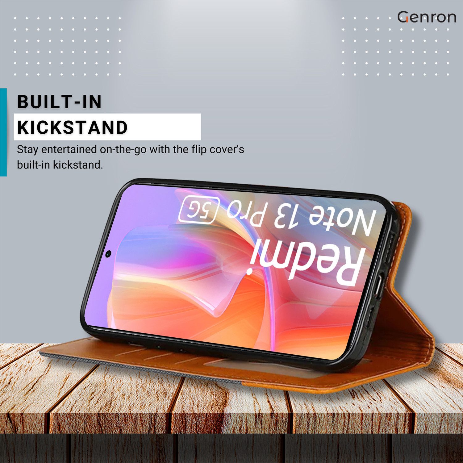 Image of Genron Flip Cover for Redmi Note 13 Pro 5G | Denim & Vegan PU Leather | Built In Stand & Pocket | Magnetic