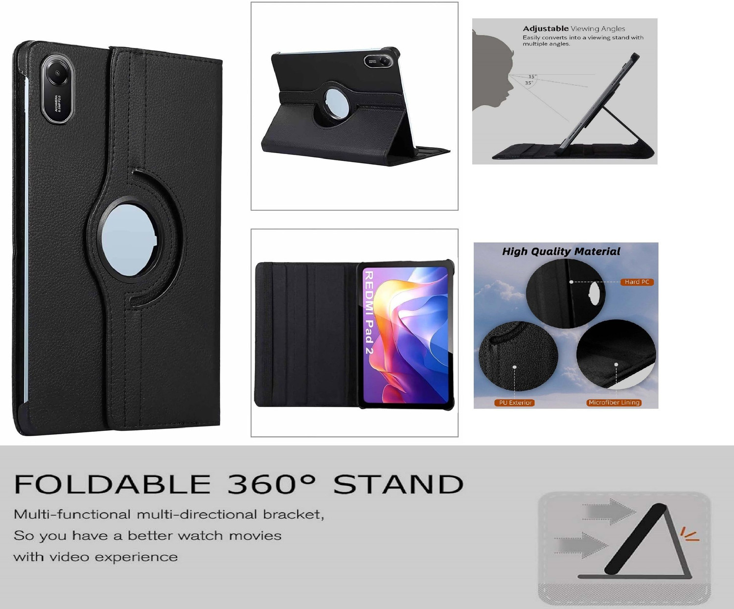Image of Bigil Flip Cover for Redmi Pad 2 11 inch, 360 Rotatable Flip Case Cover (Black, Stand, Leather, Pack of: 1)