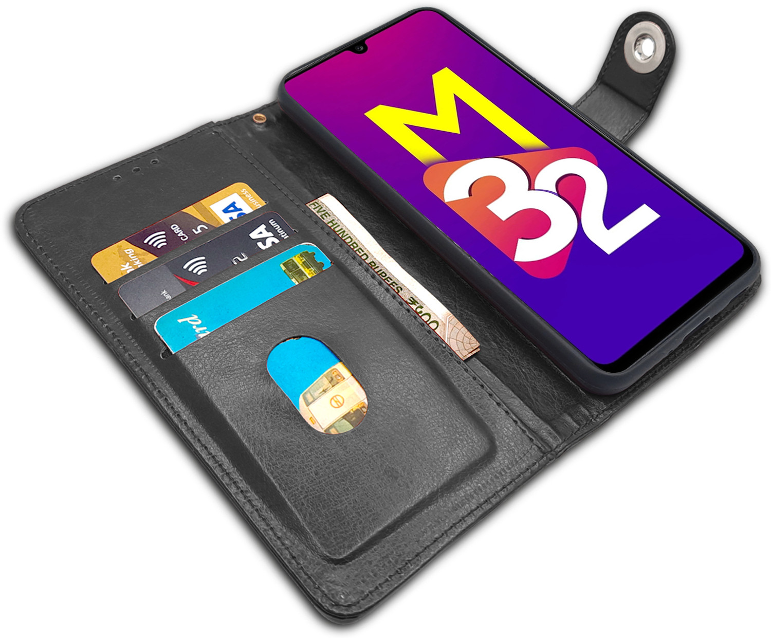 Image of Pikkme Flip Cover for Samsung Galaxy M32 4G (Black, Cases with Holder, Artificial Leather, Pack of: 1)