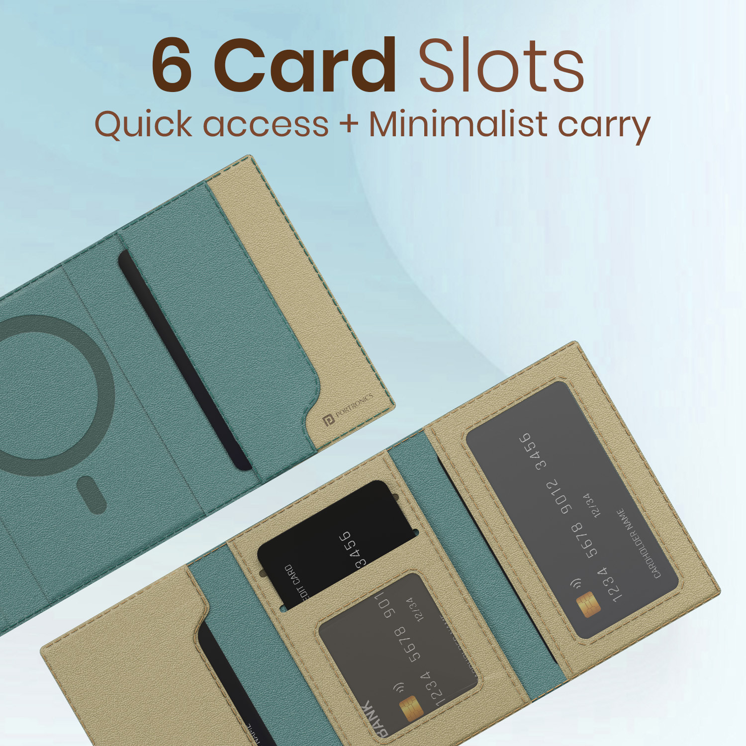 Image of Portronics Wallet Case Cover for iPhone 16 /15 /14 /13 /12 & Metal Ring for Non Magnetic Phone