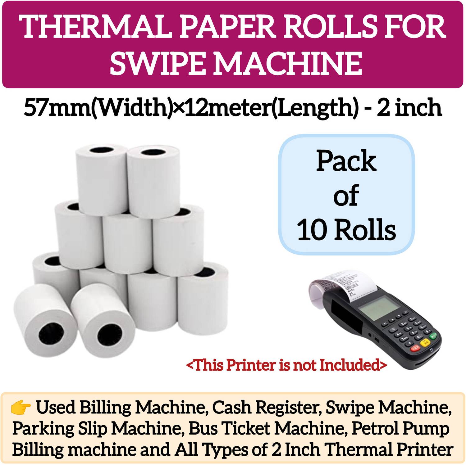 AIMERS 2 Inch Credit Card Machine Roll - 57mm (width) X 12 meter (Length) Thermal Cash Register Paper