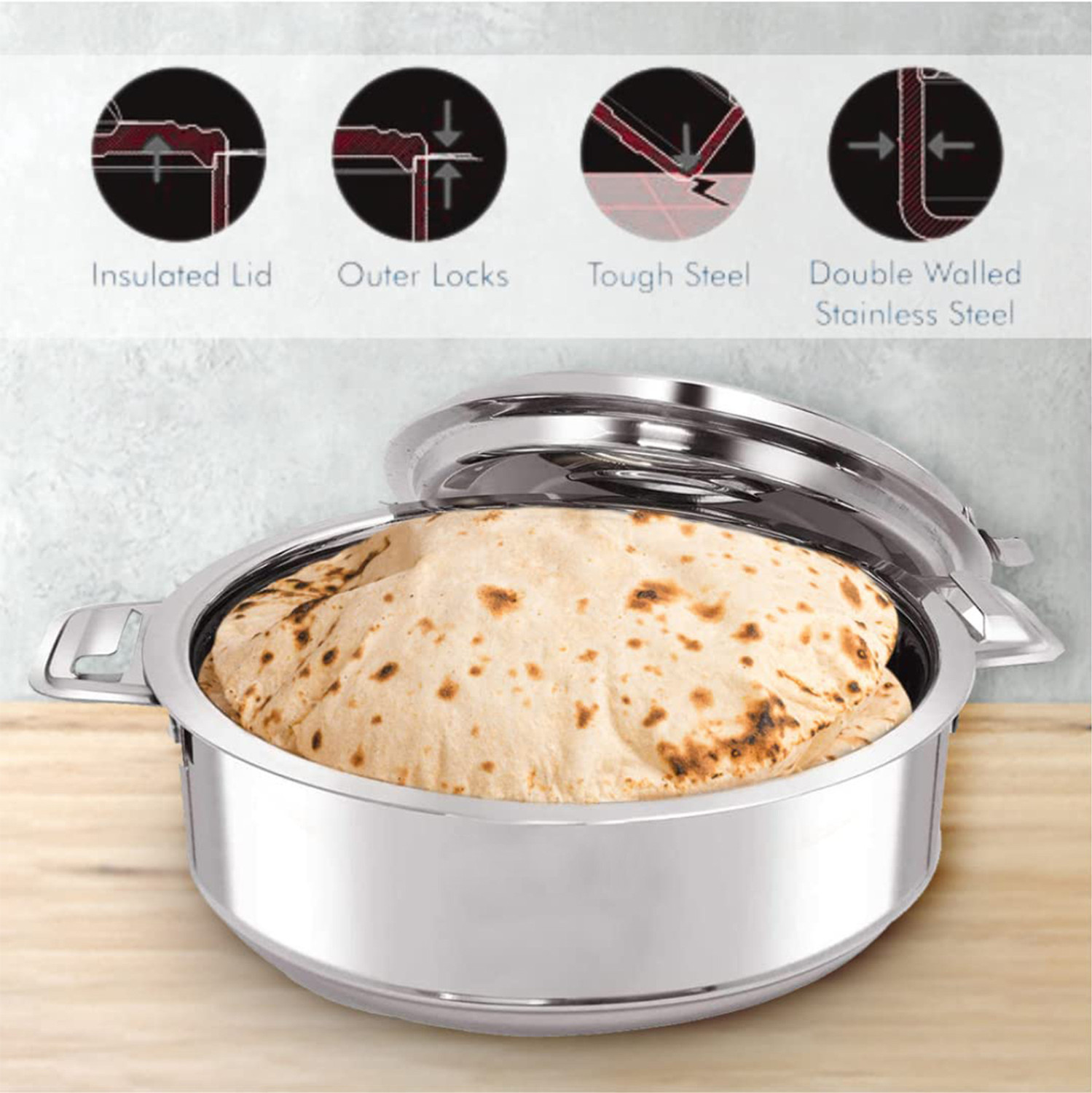 Image of KUBER INDUSTRIES Stainless Steel Casserole /Chapati Box|2000 ML, Pack of 6 Pack of 6 Serve Casserole