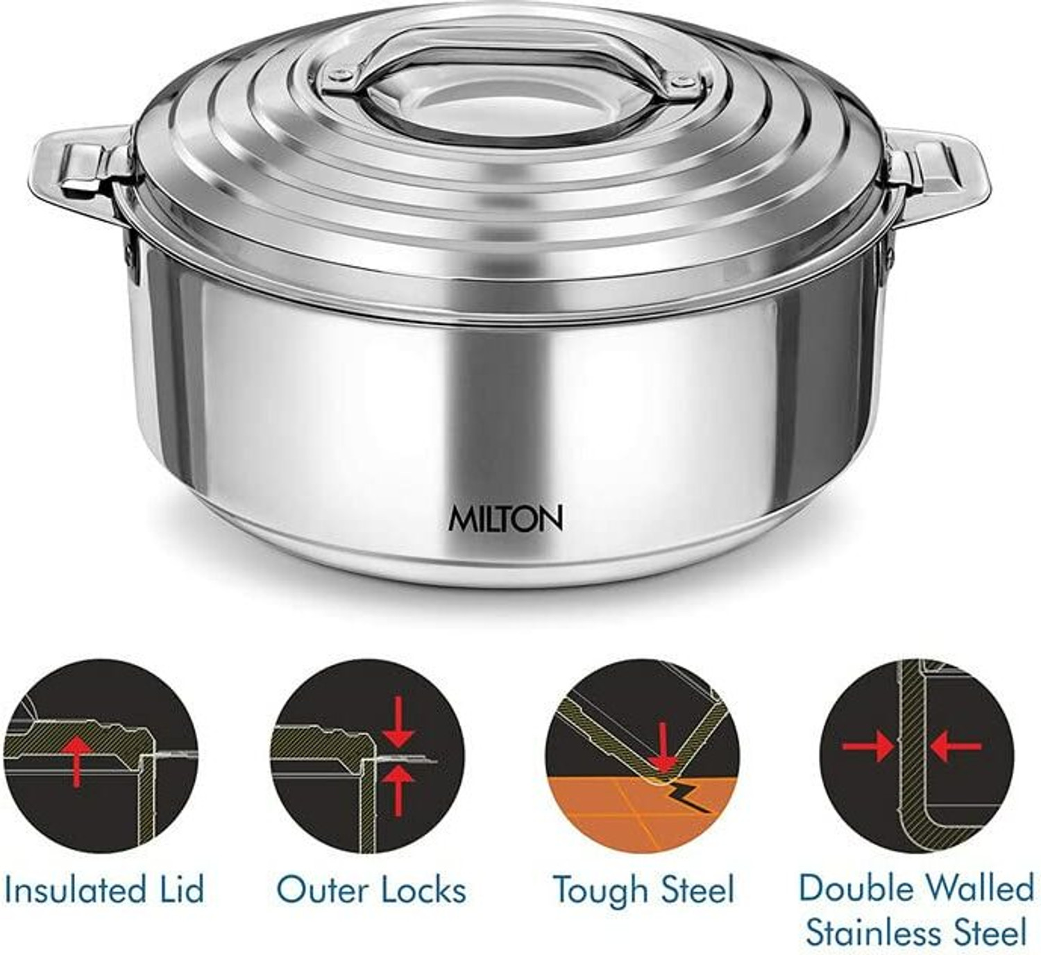 Image of MILTON Thermosteel Galaxia Casserole, 2000 ml, Steelplain Thermoware Casserole