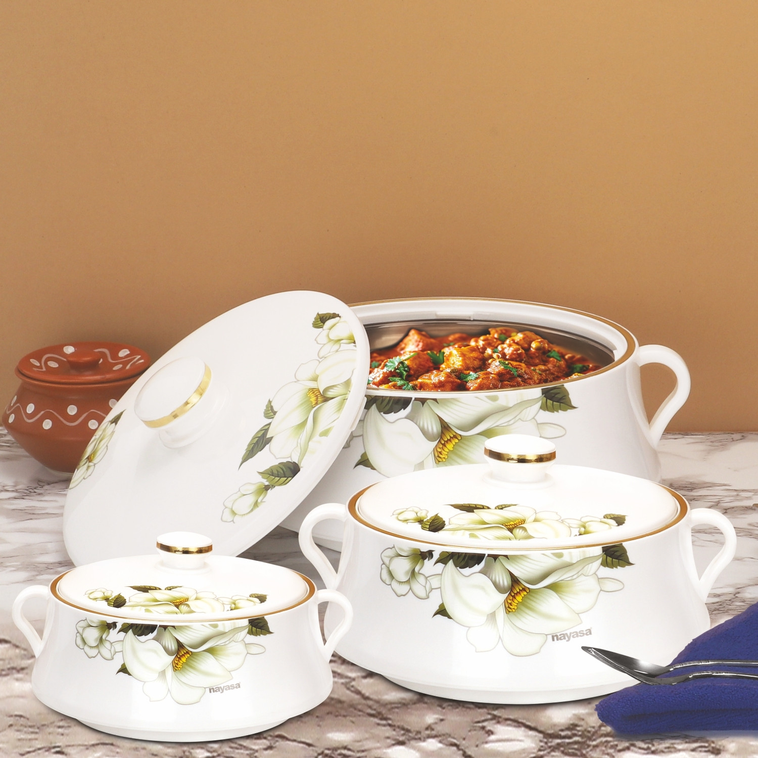 Image of NAYASA Lorenzo Insulated Casserole | Stainless Steel Inner | Food Grade | BPA Free | Pack of 3 Serve Casserole