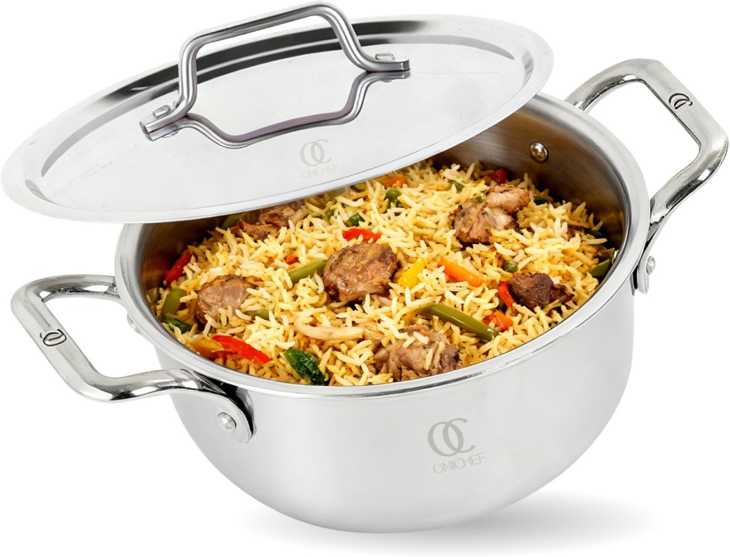 Image of Omichef Triply Stainless Steel Casserole 24CM(6Ltr) with Lid, Heavy Base Biryani Pot Cook and Serve Casserole