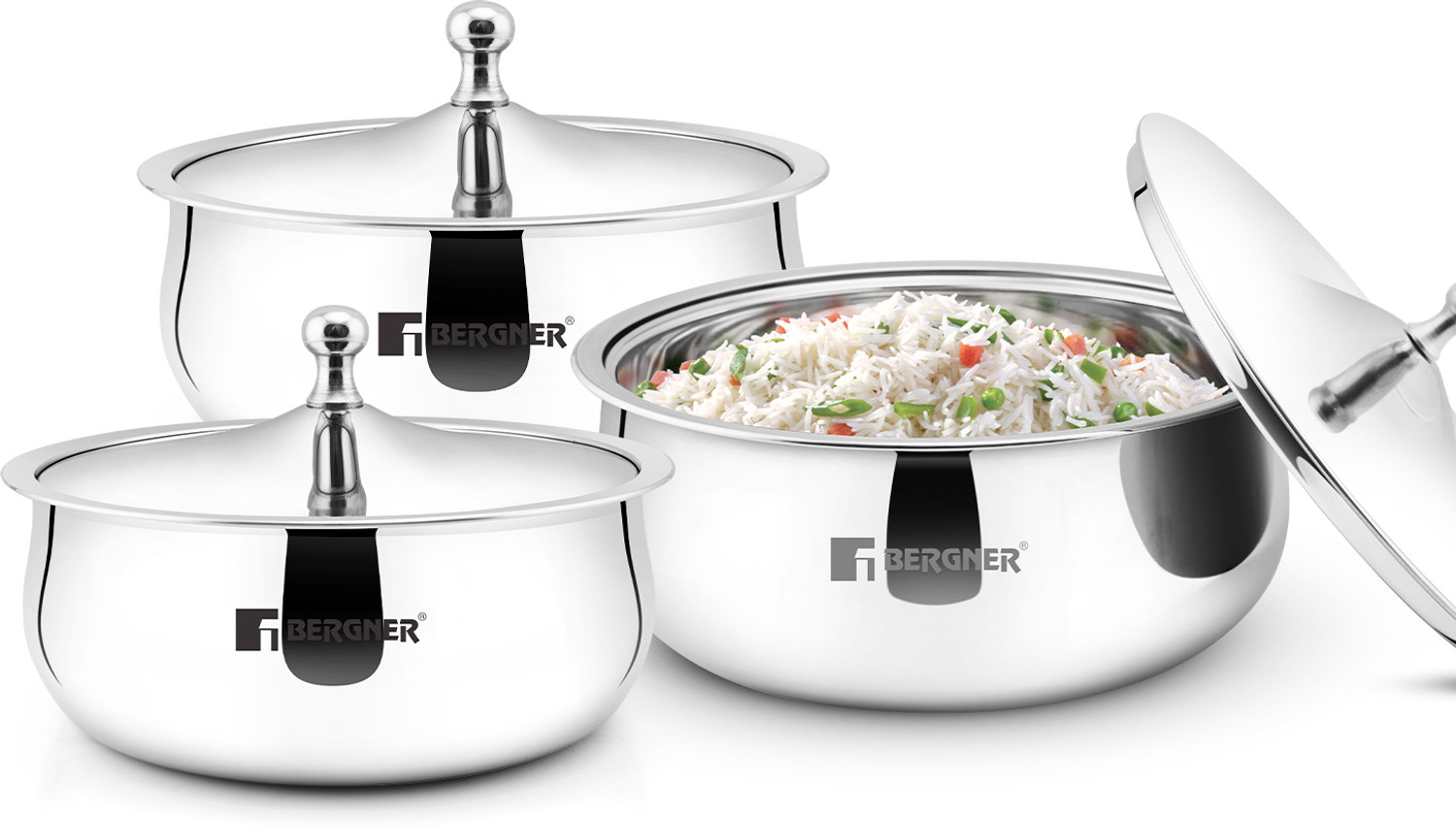 Image of BERGNER Vienna Stainless Steel 3 Pcs Junior Set of Hot Pot / Serving Casserole - Pack of 3 Cook and Serve Casserole Set