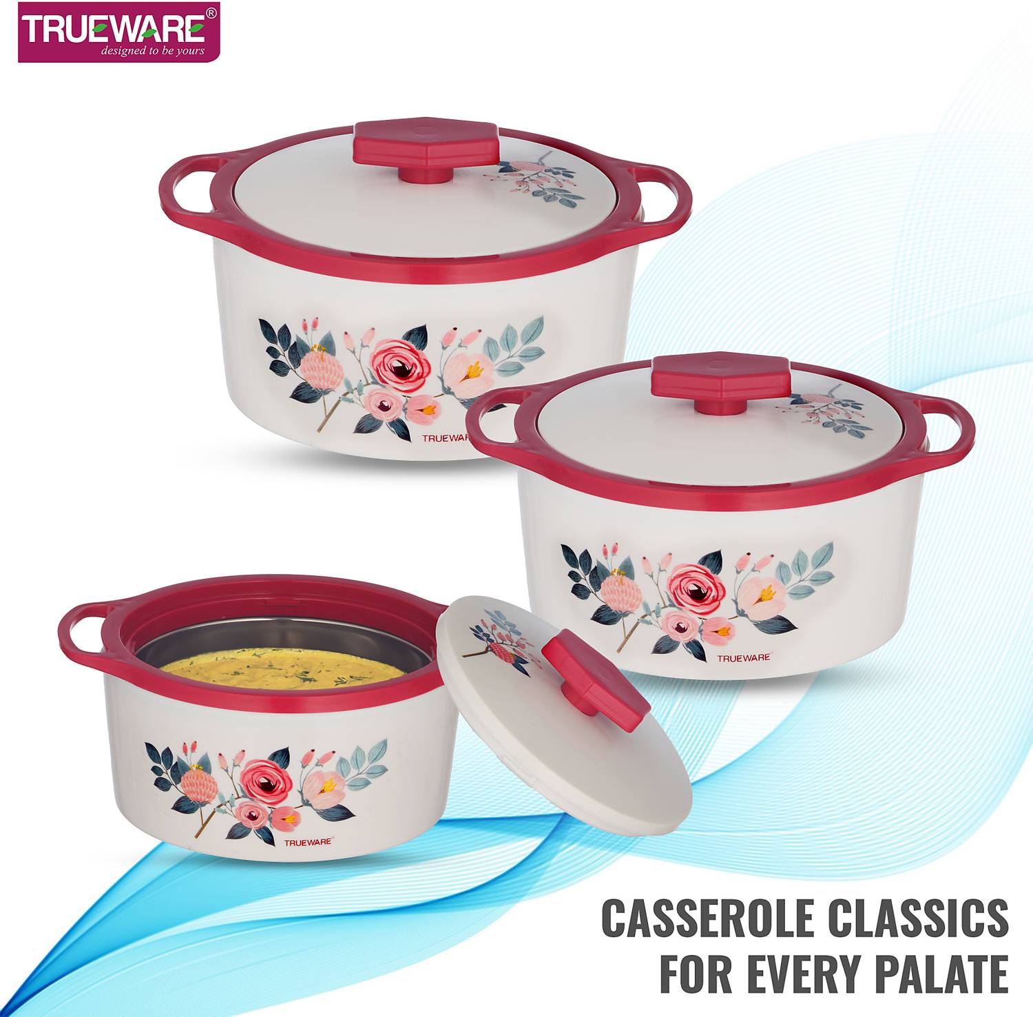 Trueware Floraa Inner Steel Outer Plastic 600 ML, 800 ML & 1100 ML Thermoware Pack of 3 Thermoware Casserole