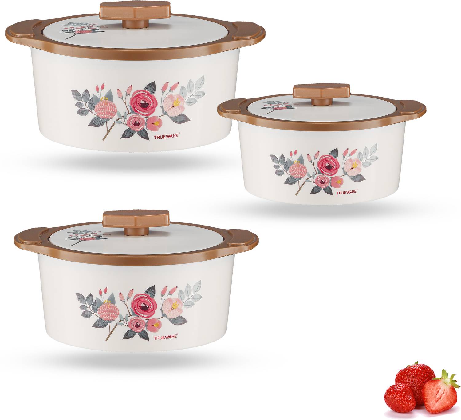 Trueware Floraa Inner Steel Outer Plastic Pack of 3 Thermoware Casserole