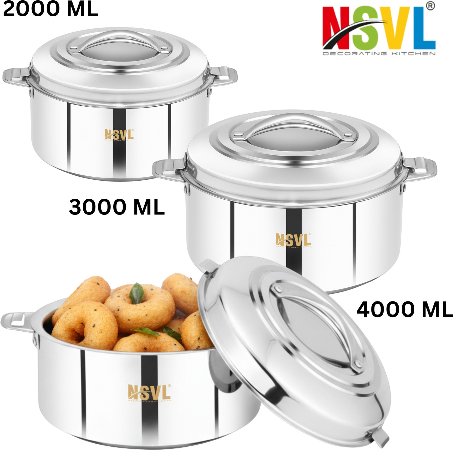 Image of NSVL Stainless Steel Double Insulated Hot Pot Thermoware Casserole Pack of 3 Cook and Serve Casserole Set