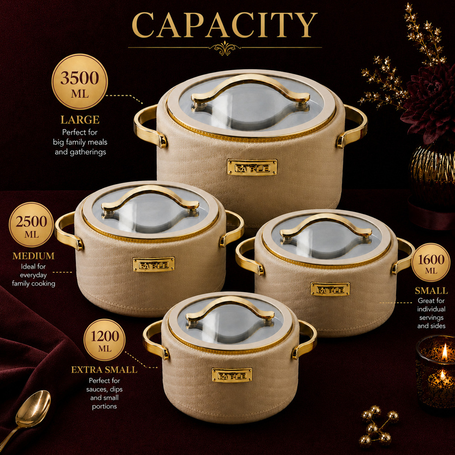 Image of Flipkart SmartBuy Insulated Hot Pot With Glass Lid & Golden Handle | Durable Inner Steel | Premium Pack of 4 Serve Casserole