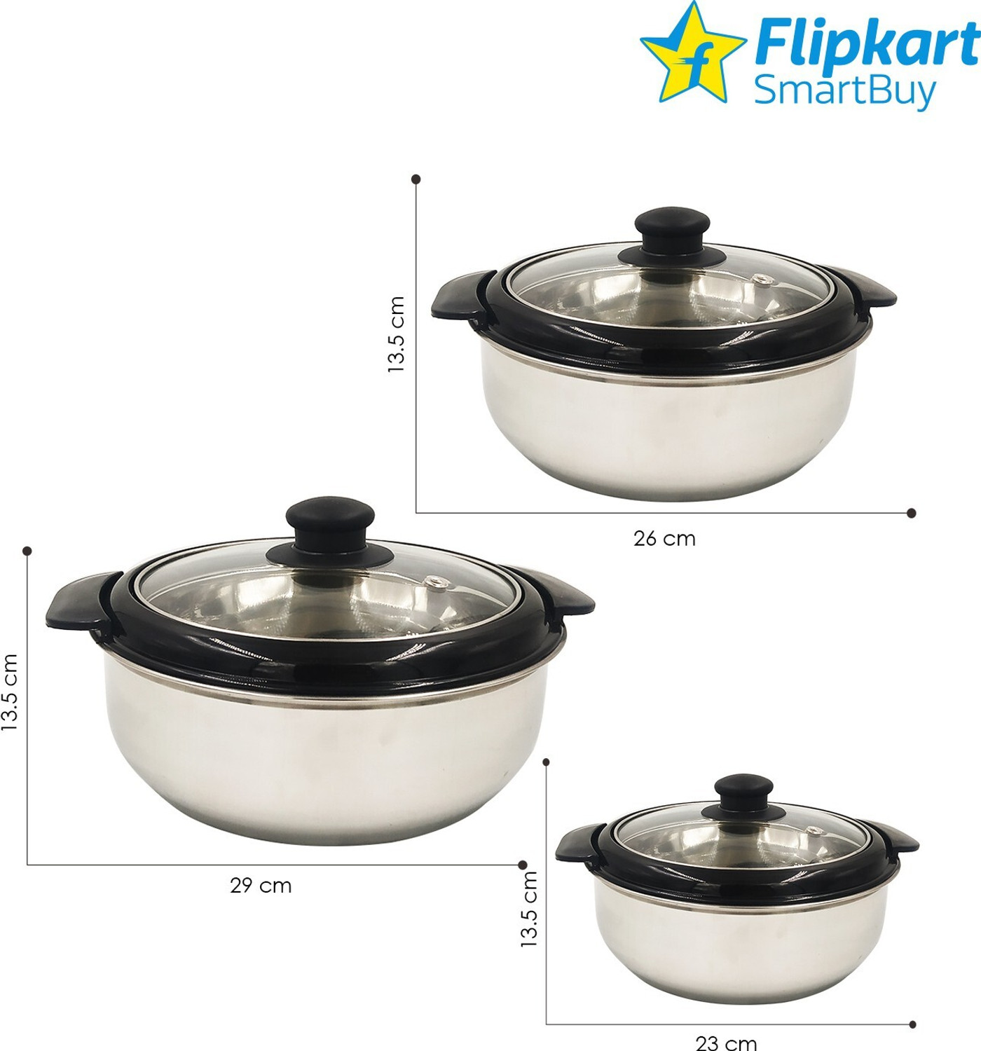 Image of Flipkart SmartBuy Stainless Steel Casserole with Glass Lid Pack of 3 Thermoware Casserole Set
